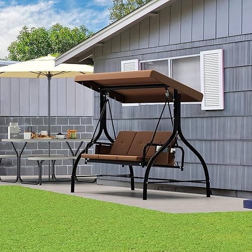 Miniatura 9 de YITAHOME Columpio de porche de 3 asientos para patio al aire libre, silla columpio resistente con toldo ajustable cojín extraíble, adecuada para