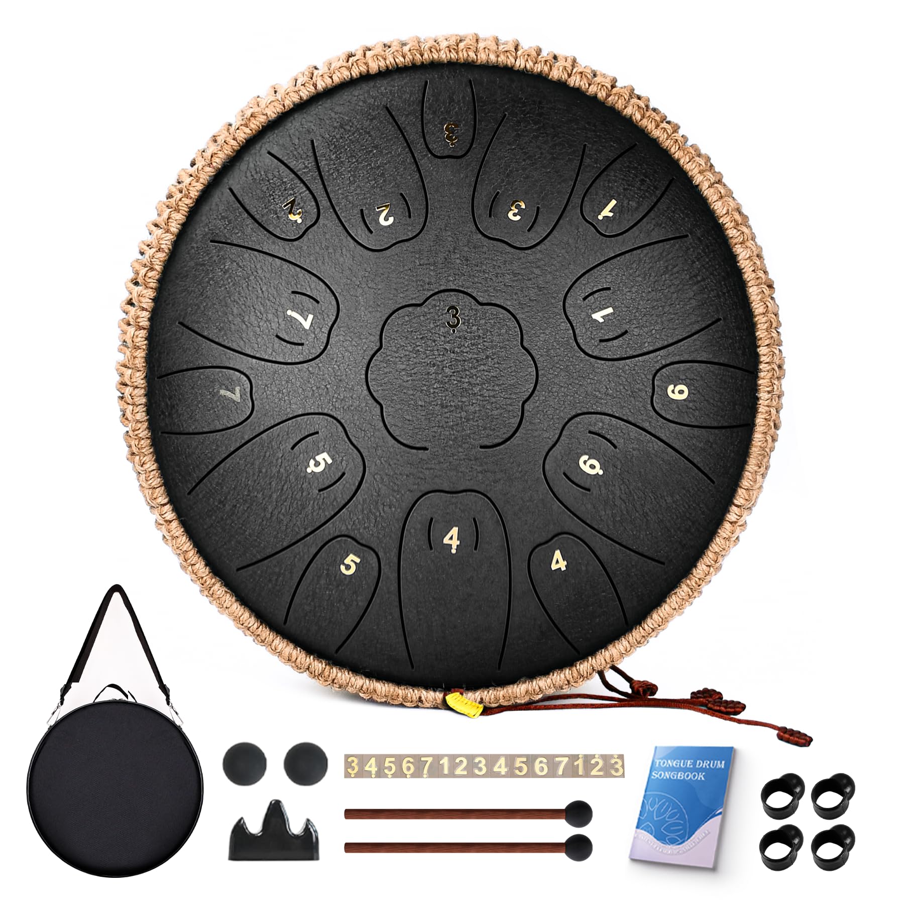 Natraldrum 스틸 텅 드럼, 33cm(13인치) 15노트 텅 드럼, C 키 핸드팬 드럼 악기, 어린이 성인용 스틸 드럼, 음악책, 드럼 망치 및 휴대용 가방 (블랙)
