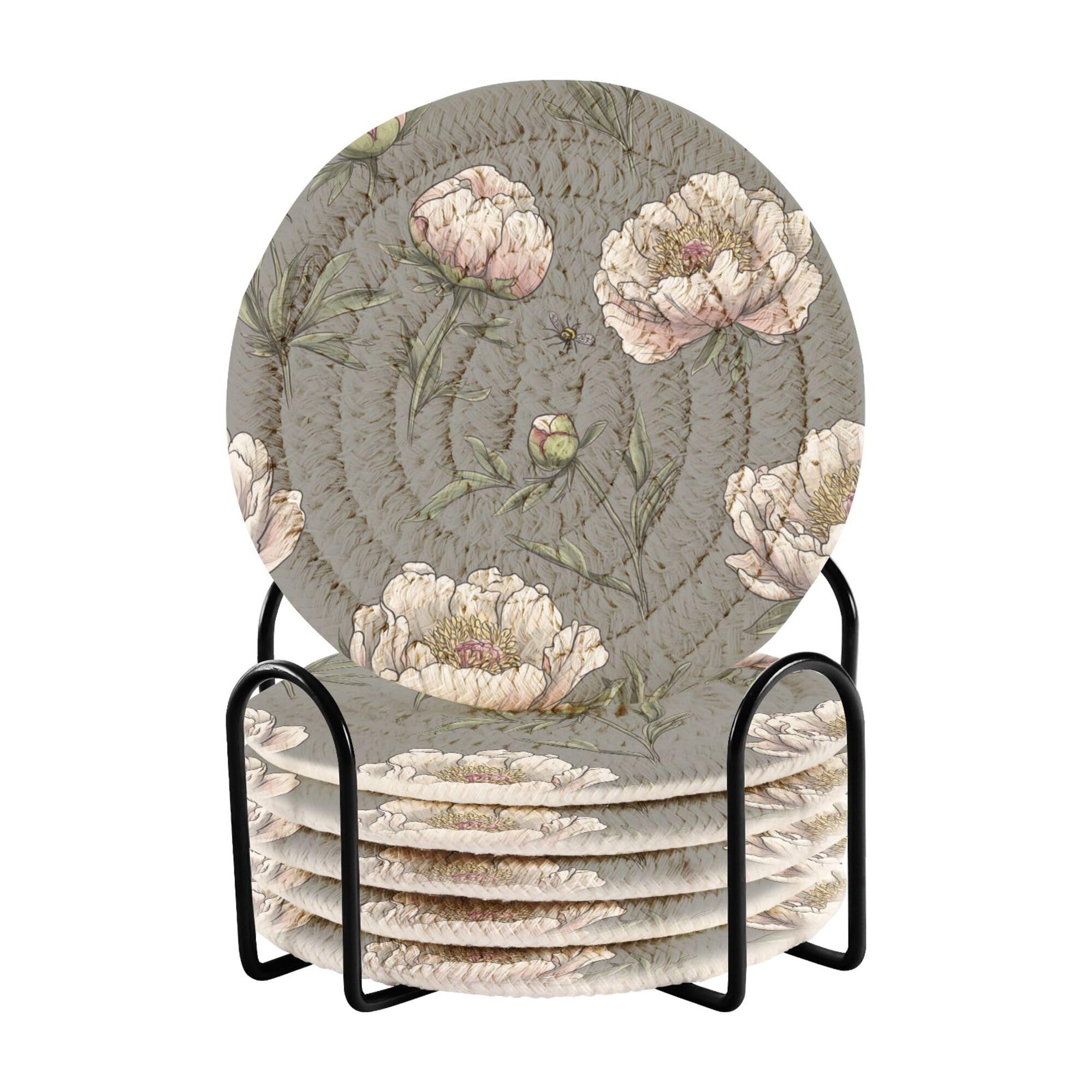 Cute Peonies Gray Cotton Rope Drink Coasters Absorbent Set with Holder 6 Pack Table Coasters