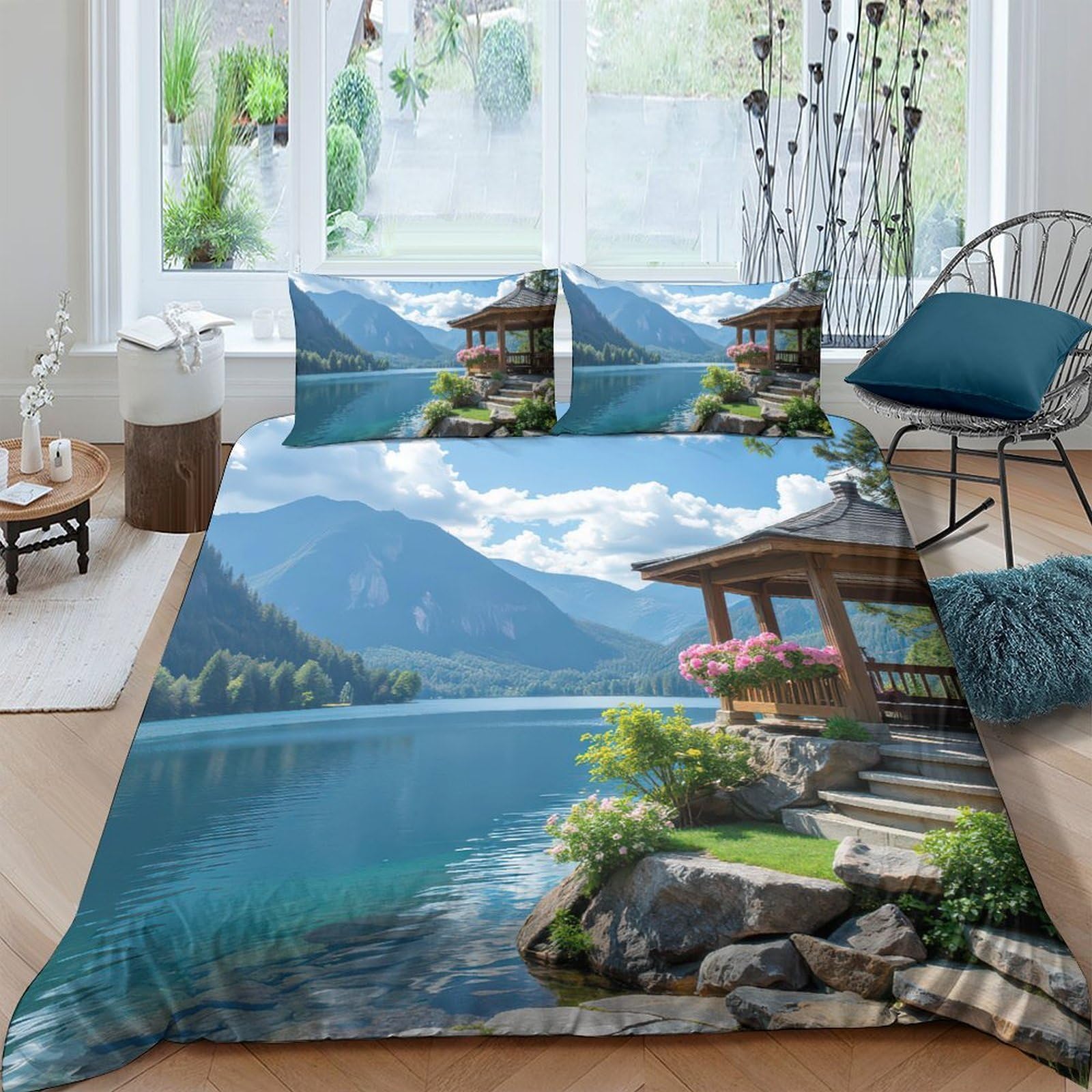 Ctjqhvkz Style-5 3D Printed Lake View Fitted Sheet Microfiber Non Slip Mountain House Mattress Cover Bedroom Decor Easy Care Single（135X200cm）