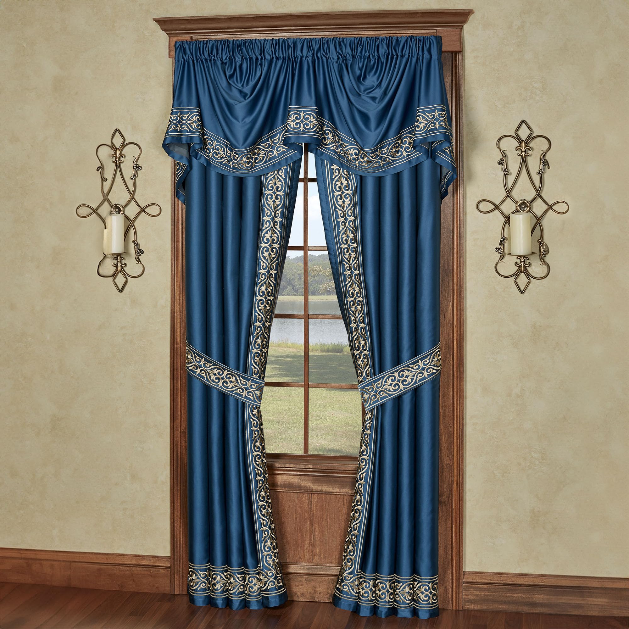 Touch of Class Buckingham Luxury Window Treatment | Royal Sapphire Blue | Palace-Inspired Elegant Golden Scrollwork Embroidery | Designed Drapery Set Includes Empire Valance and 96L Curtain Pair