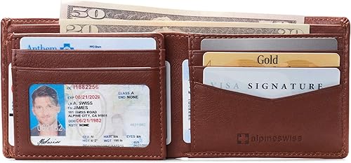 Miniatura 5 de Alpine Swiss RFID - Cartera de piel con 2 compartimentos para documentos de identidad, con ventana dividida, sección para billetes, en caja de regalo