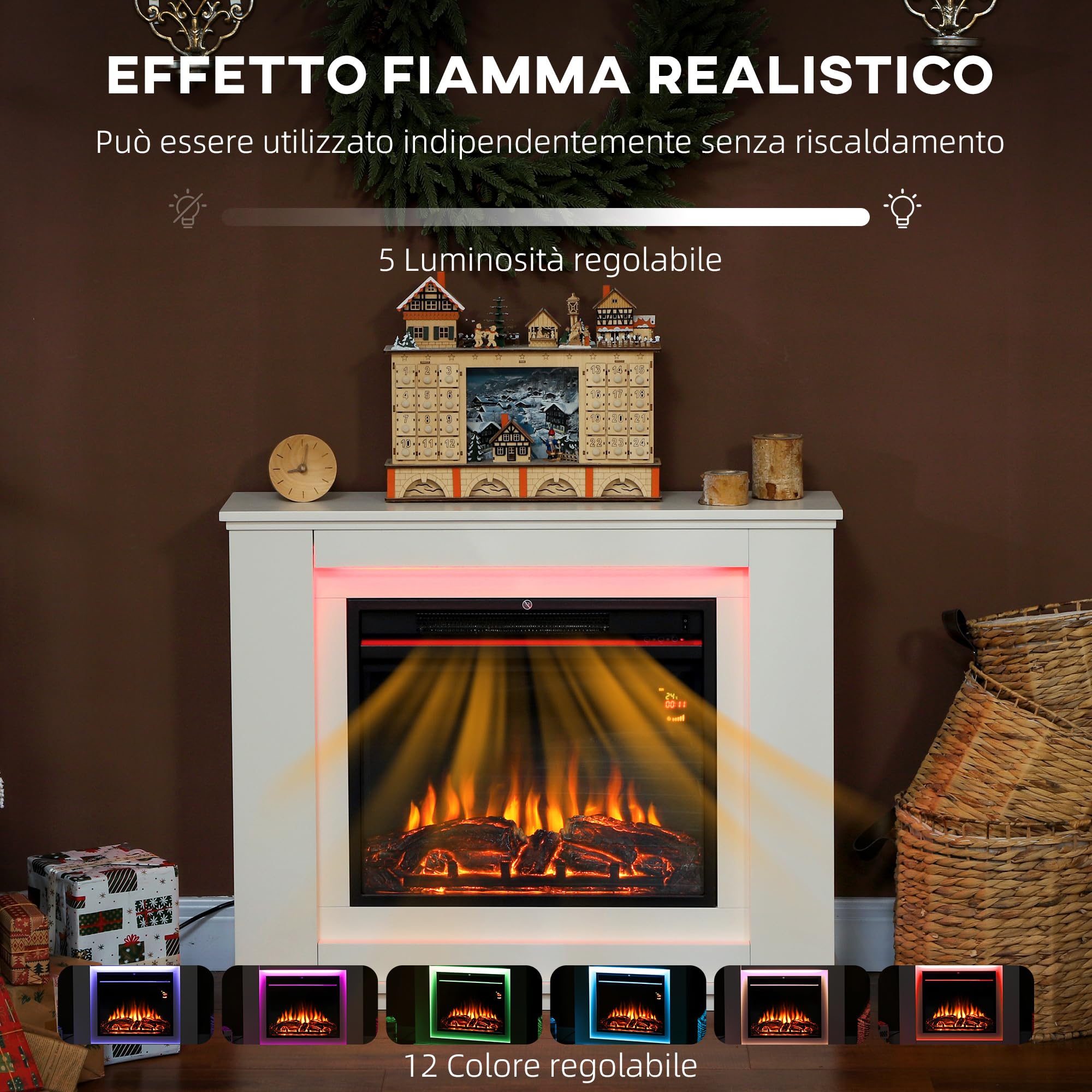 HOMCOM Camino Elettrico da Incasso Effetto Fiamma 3D 2000W 30㎡ Bianco | Realistico, Caminetto Elettrico Silenzioso, Luce 12 Colori, Termostato, Riscaldamento Regolabile, Timer, Telecomando