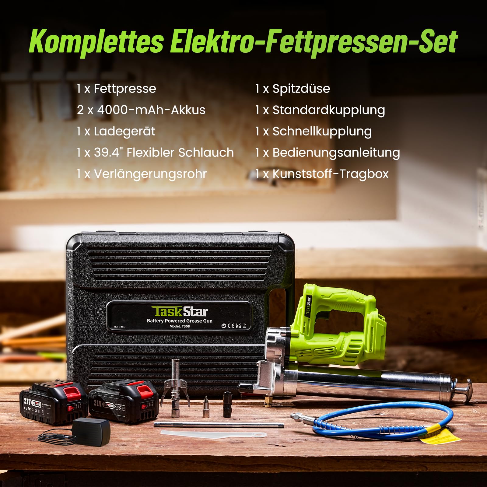 TaskStar Hocheffiziente Akku-Fettpresse: Elektrische Fettpresse mit 2 * 2.0Ah Batterien und Ladegerät, Verbessertes Mundstück, 10000 PSI Max Druck, für Landwirte, Mechaniker und Gerätebesitzer