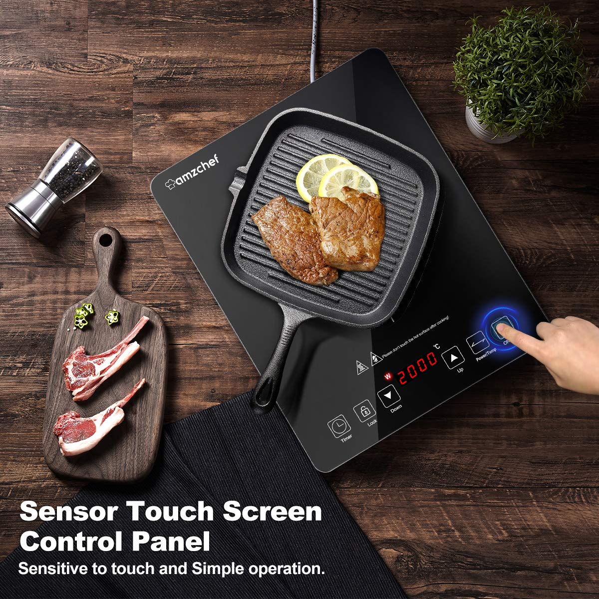 Piastra ad induzione,AMZCHEF piano Cottura a induzione elettrica con superficie in vetro cristallo nero, design portatile ultrasottile, controllo touch sensor e blocco di sicurezza,2000W