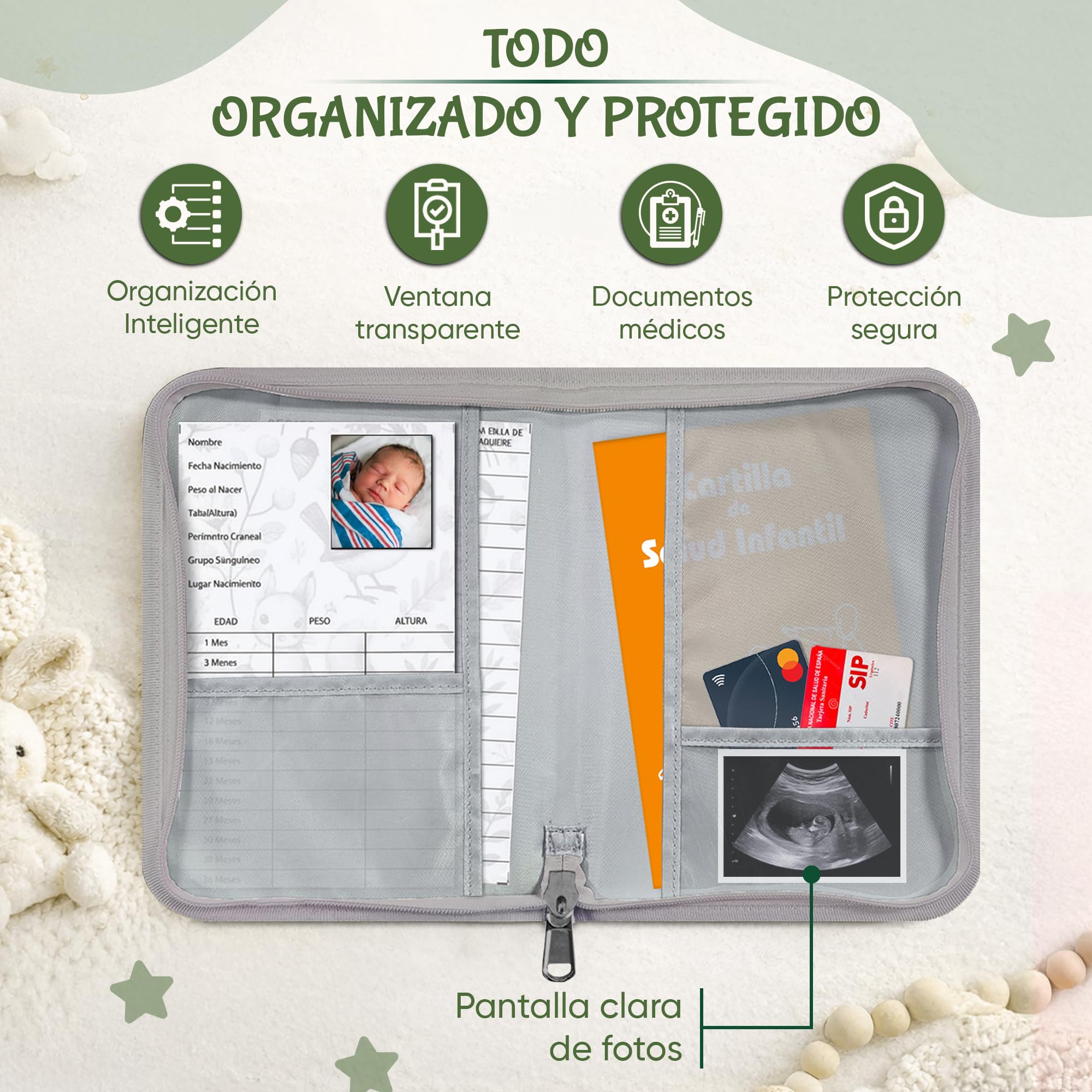 Portadocumentos Bebé para Cartilla Sanitaria con Tarjetas de Crecimiento y Primeros Logros, Carpeta y Porta Documentos Bebé, Funda Libro de Salud, Regalo para Baby Showers — view 4