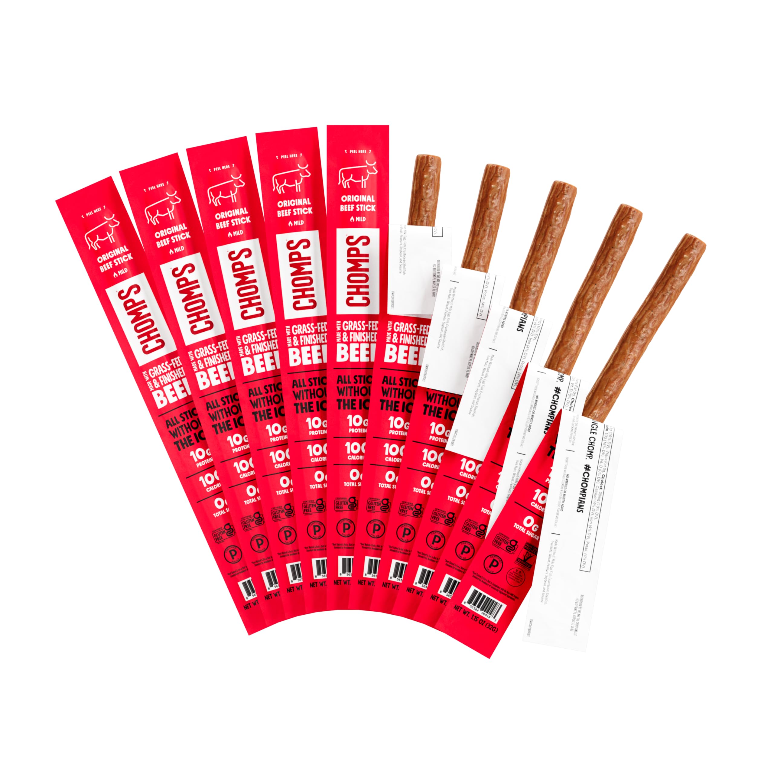 Chomps Grass-Fed and Finished Original Beef Jerky Snack Sticks 10-Pack - Keto, Paleo, Whole30, 10g Lean Meat Protein, Gluten-Free, Zero Sugar Food, Non-GMO