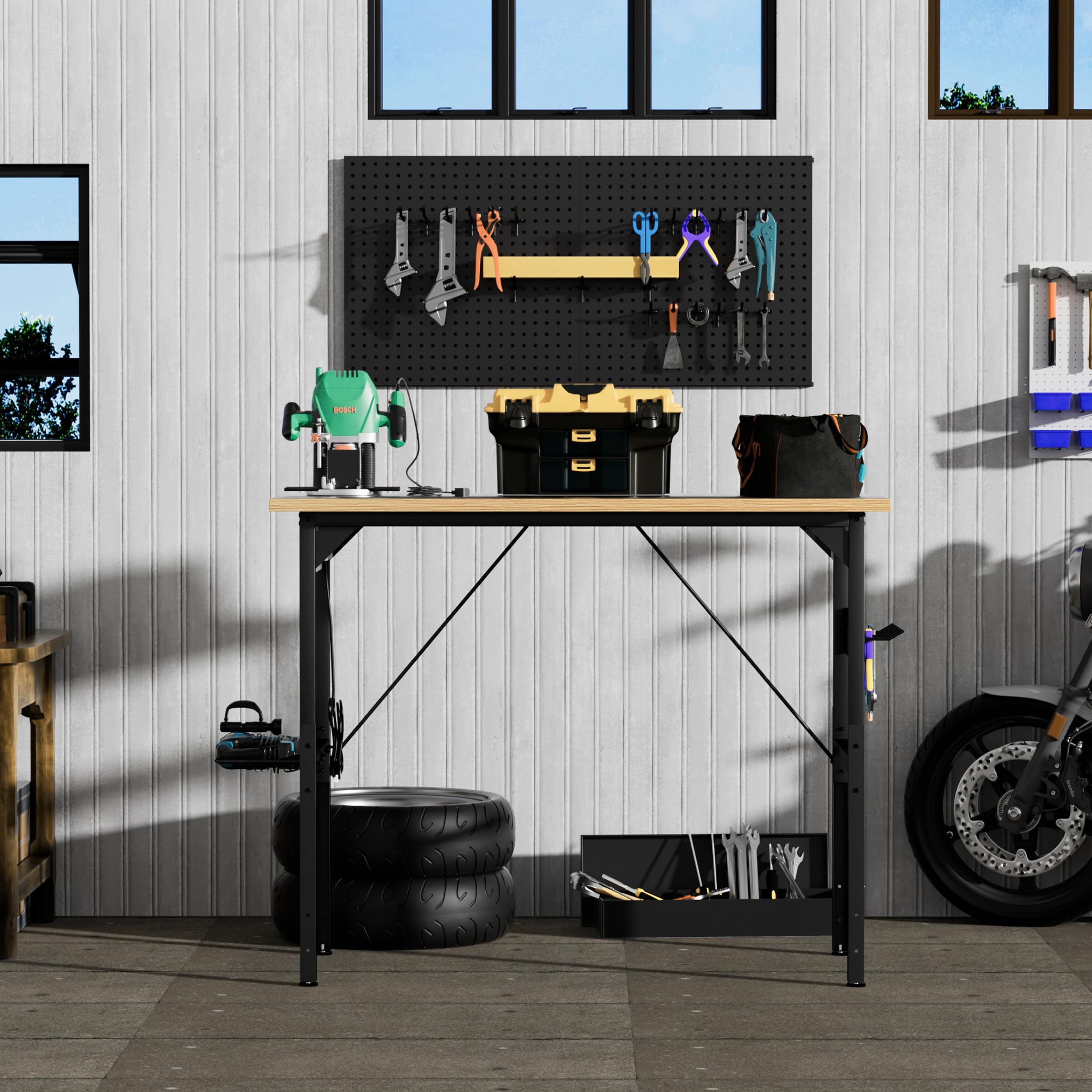 Banco de trabajo regulable en altura de 120 cm con pared perforada, banco de trabajo enrollable con ruedas, enchufes, USB y Type-C, mesa de taller con gancho y estante, banco de trabajo pesado para