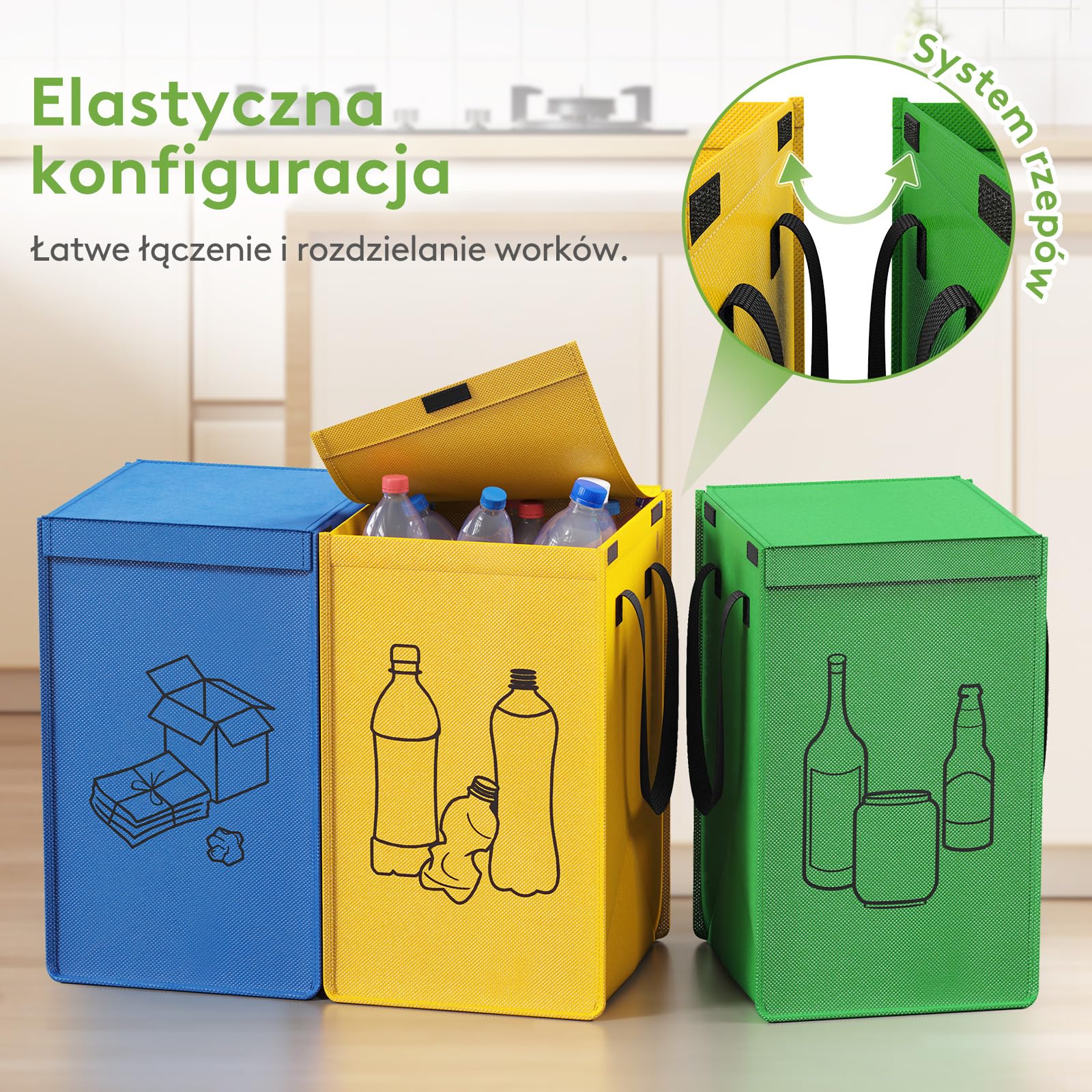 Lifewit System segregacji śmieci z pokrywką, pojemnik na odpady i butelki na kaucję, 3 przegródki na papier, szkło i plastik, recykling, 3 x 45 l, łatwe opróżnianie