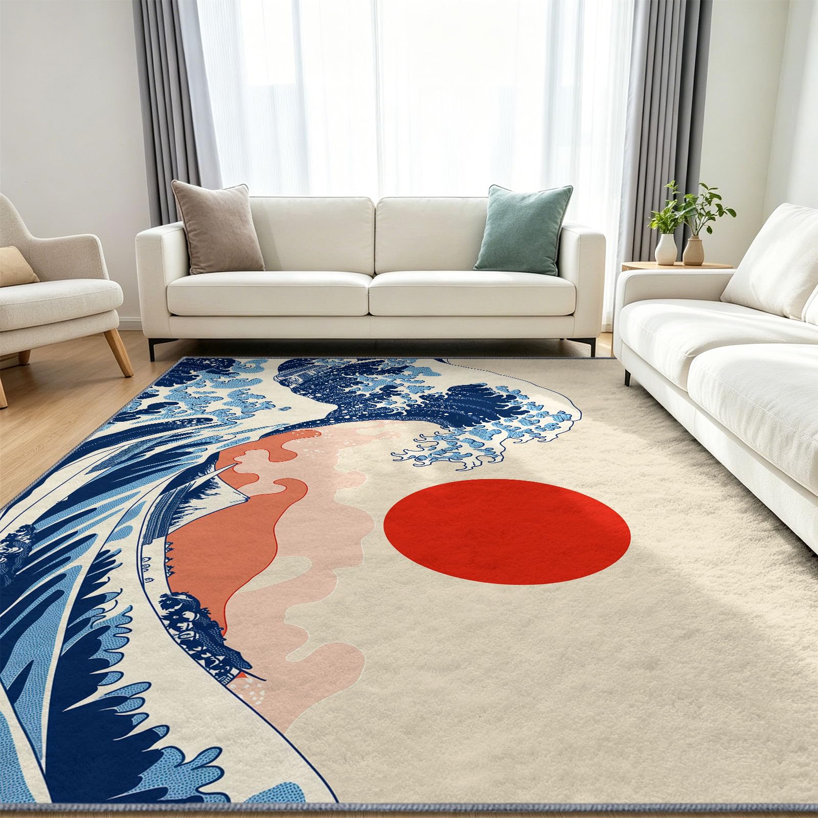 Générique Tapis de Salon Motif Grande Vague Ukiyo-e Japonaise Traditionnelle Doux Antidérapant Poils Ras, Résistant pour Adulte Chambre Salle à Manger Couloir et Bureau, 120 x 170 cm