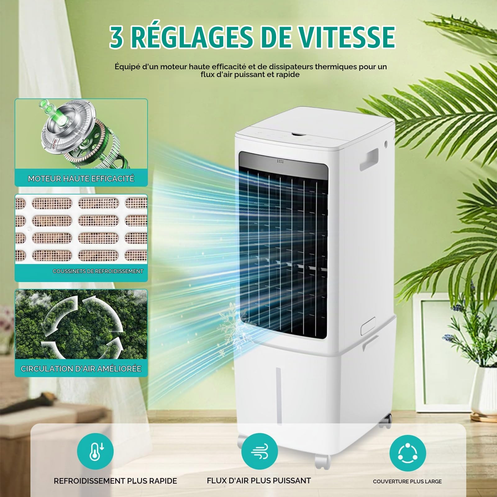 Rafraîchisseur d'air Évaporatif 12L (Alternative Climatiseur Mobile Sans Évacuation), 800 m³/h Puissant Portable, 3-en-1 Ventilateur & Humidificateur avec Télécommande, Minuteur 12H, 8 Pains de Glace