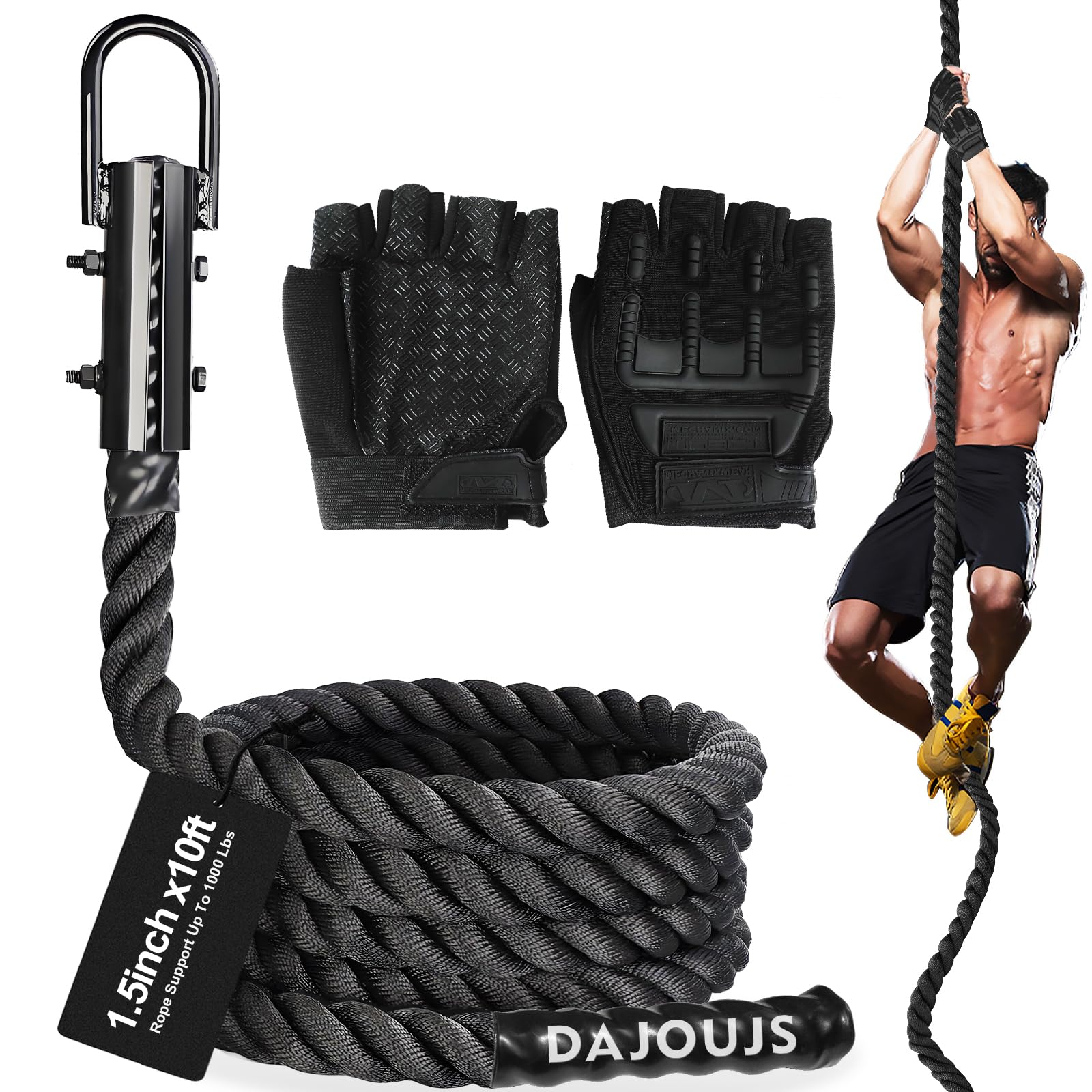 Climbing Rope 1.5 Inch Diameter 10/15 / 20/30 Feet Length Gym Climbing Rope for Workout Fitness & Strength Training, Gym Rope, Exercise Climbing Rope in Black for Adults Outdoor & Indoor