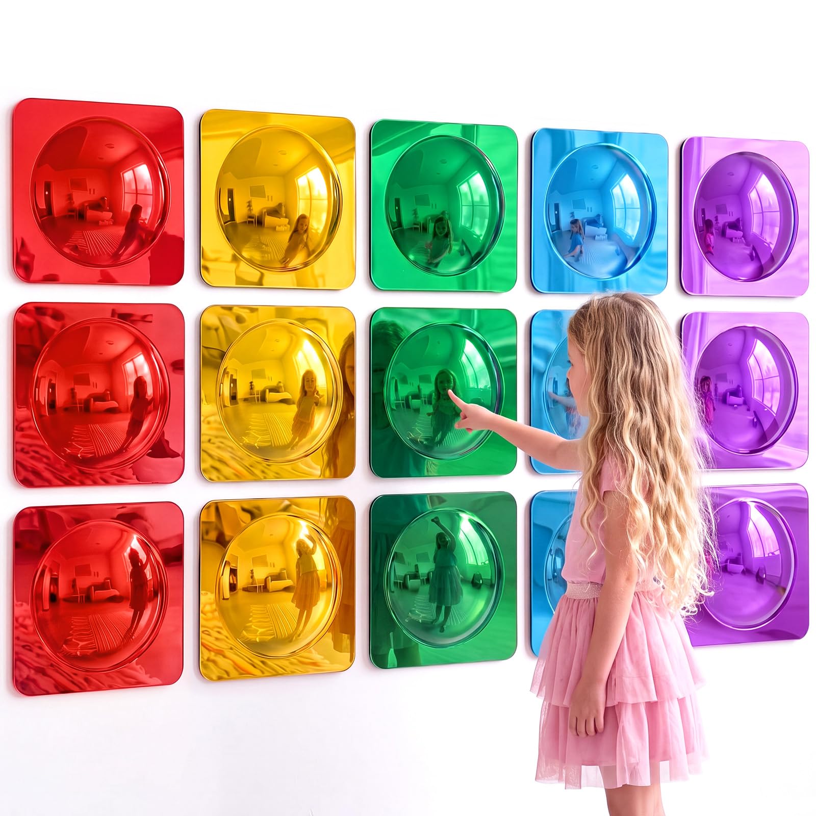 Geiserailie 15 Pcs Acrylic Sensory Wall Bubble Mirror Color Convex Mirror Toys for Preschool Classroom, Daycare Calming Corner Supplies Pet Enrichment (10 x 10 Inch,Red,Gold,Green,Blue,Purple)