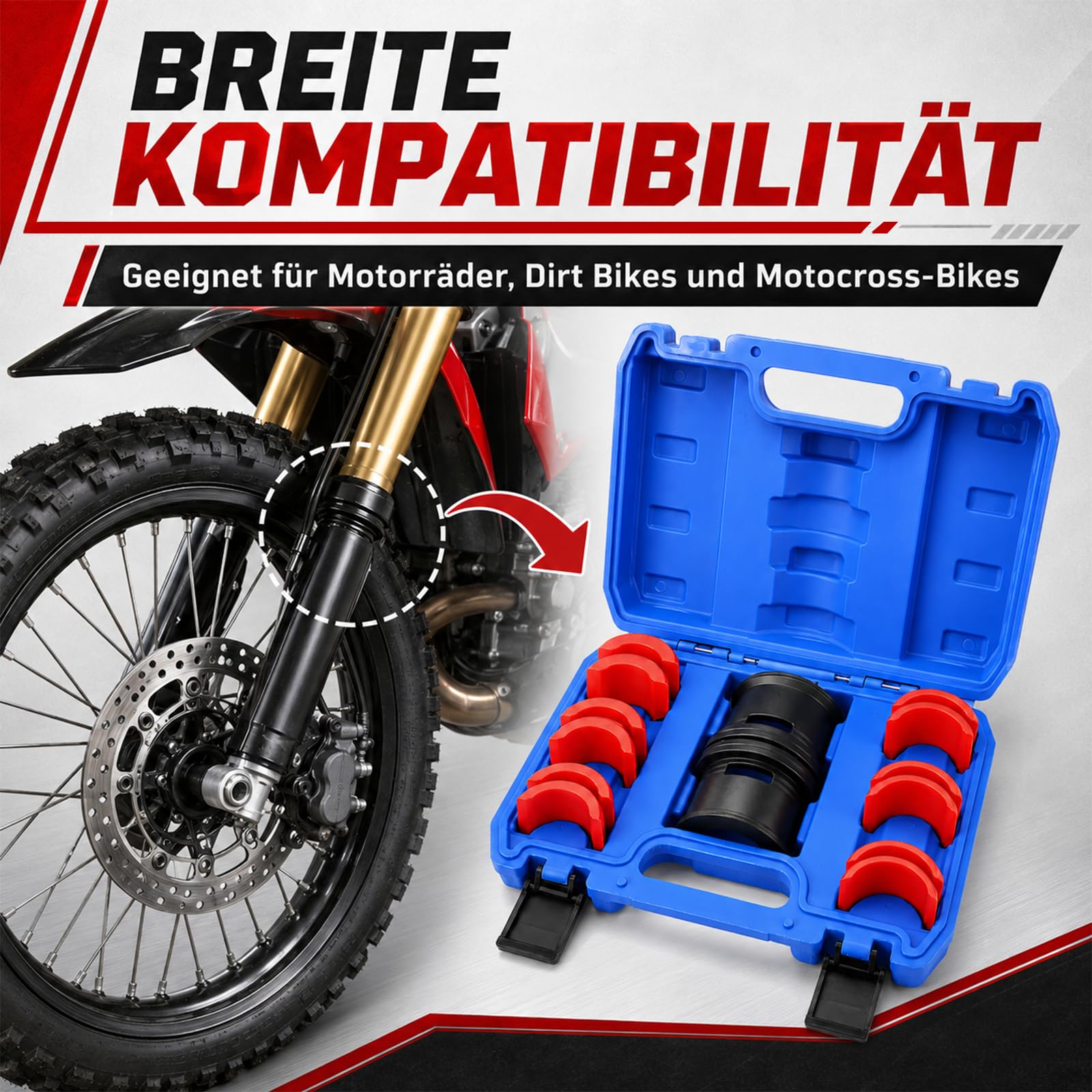 Controlador Sello Horquilla 35-50mm para Motocicleta, Herramienta de Instalación de Retenes de Horquilla con 6 Adaptadores de Plástico para Horquillas Delanteras Convencionales e Invertidas