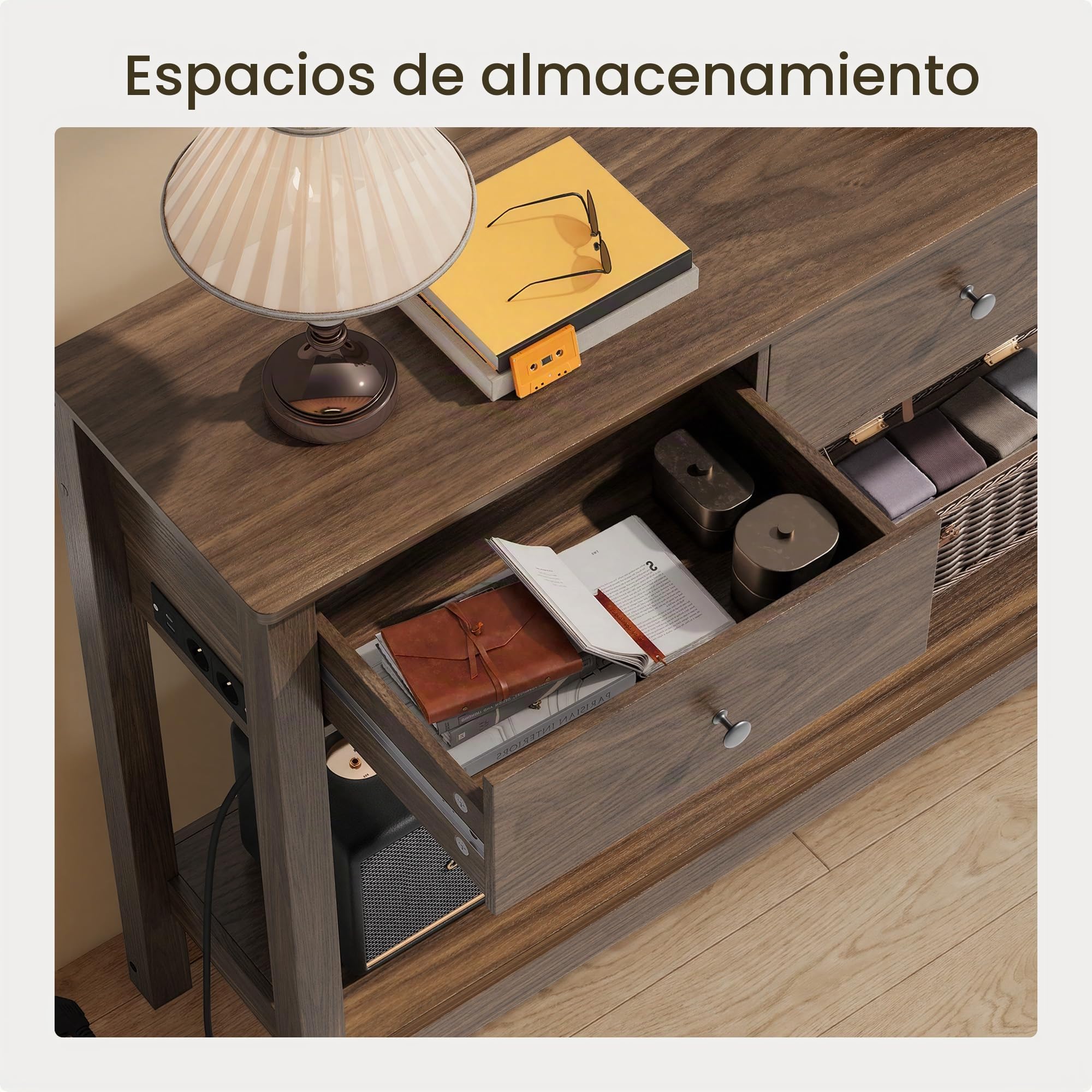 Xbro Mesa de Consola con Tomas de Corriente, Mesa de Pasillo con 3 Cajones y Estante, Mueble Recibidor Entrada para Entrada, Pasillo,Salón,130 x 30 x 80 cm,Marrón