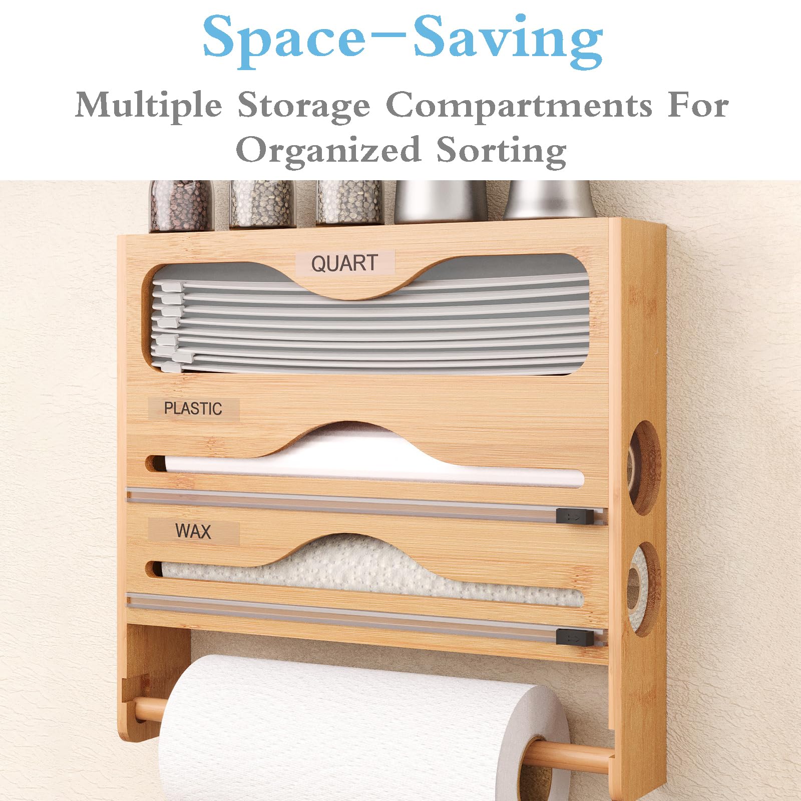 Dispenser per fogli e taglierina, organizer per rotoli da cucina, dispenser di pellicola trasparente con supporto per rotolo, soluzione salvaspazio per pergamena e foglio di alluminio