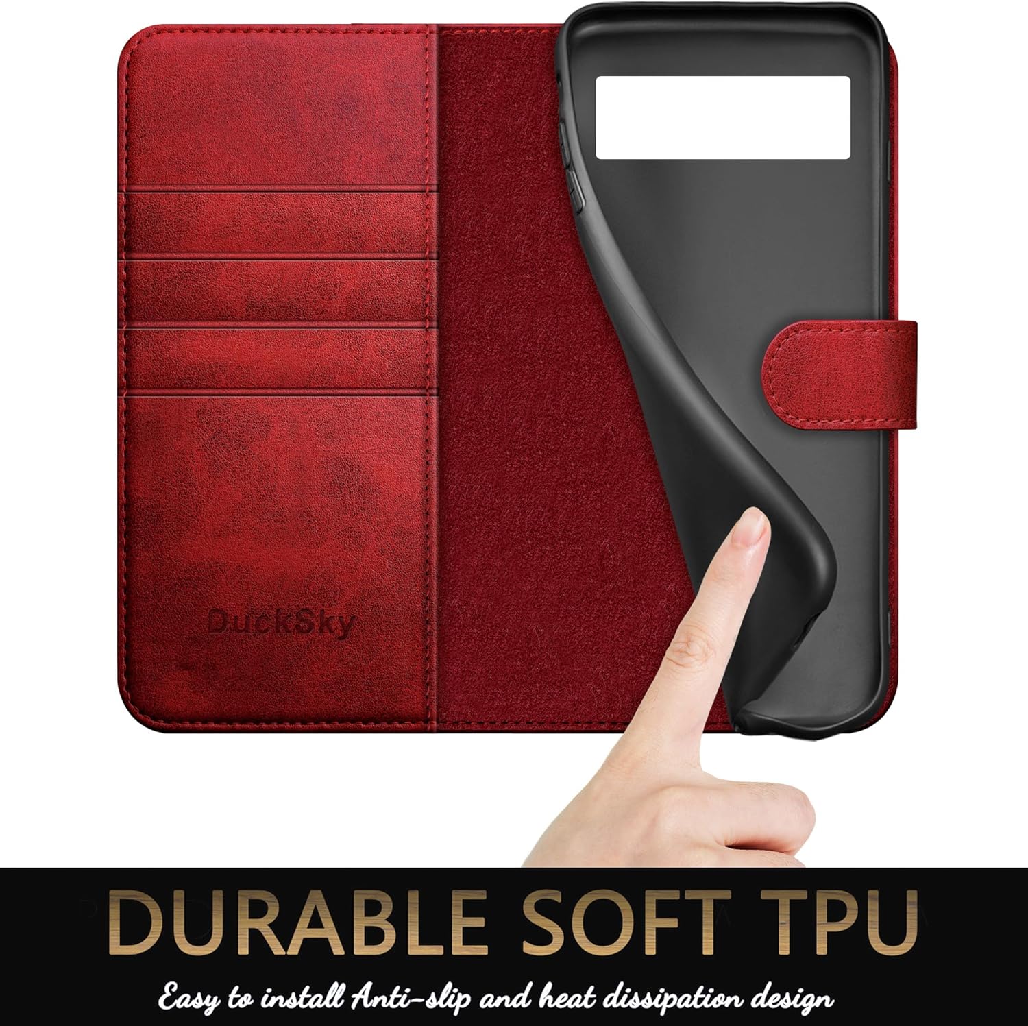 DuckSky for Google Pixel 8A Genuine Leather Wallet case 【RFID Blocking】【4 Credit Card Holder】【Real Leather】 Flip Folio Book Phone case Protective Cover Women Men for Pixel 8A case Red