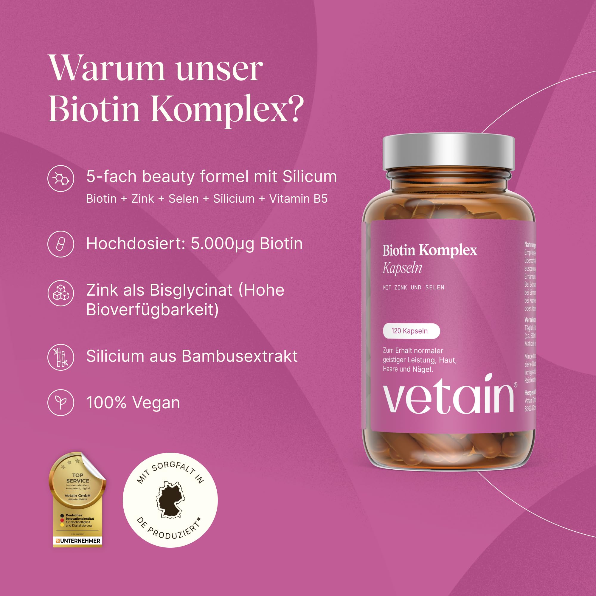 VETAIN Biotin Zink Selen Komplex - Mit Silizium & Vitamin B5-120 Kapseln - hochdosiert mit 5.000µg Biotin - Für Haare, Haut & Nägel - vegan & ohne Magnesiumstearat - 2er Set
