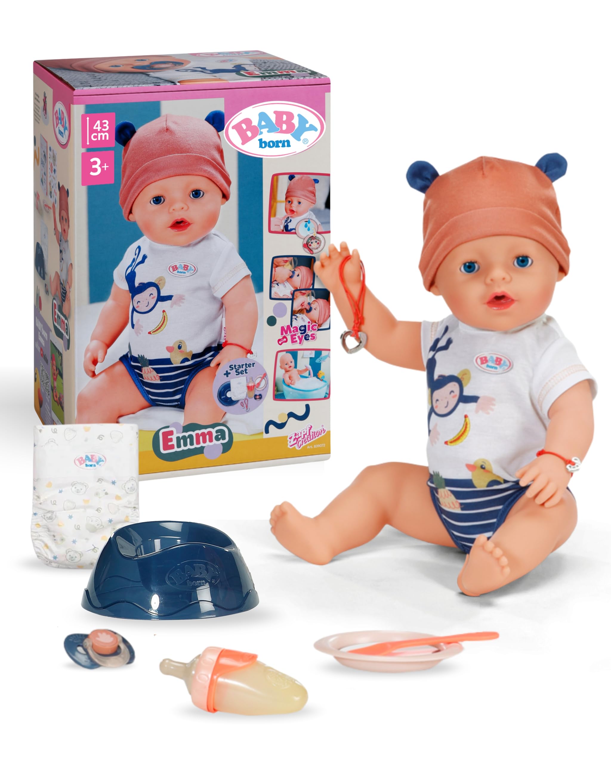 BABY born Emma in stile giungla - Bambolotto lungo 43 cm - 10 funzioni inclusi accessori e tutina in colori unisex - Funziona senza pile - Adatta a bambini dai 3 anni