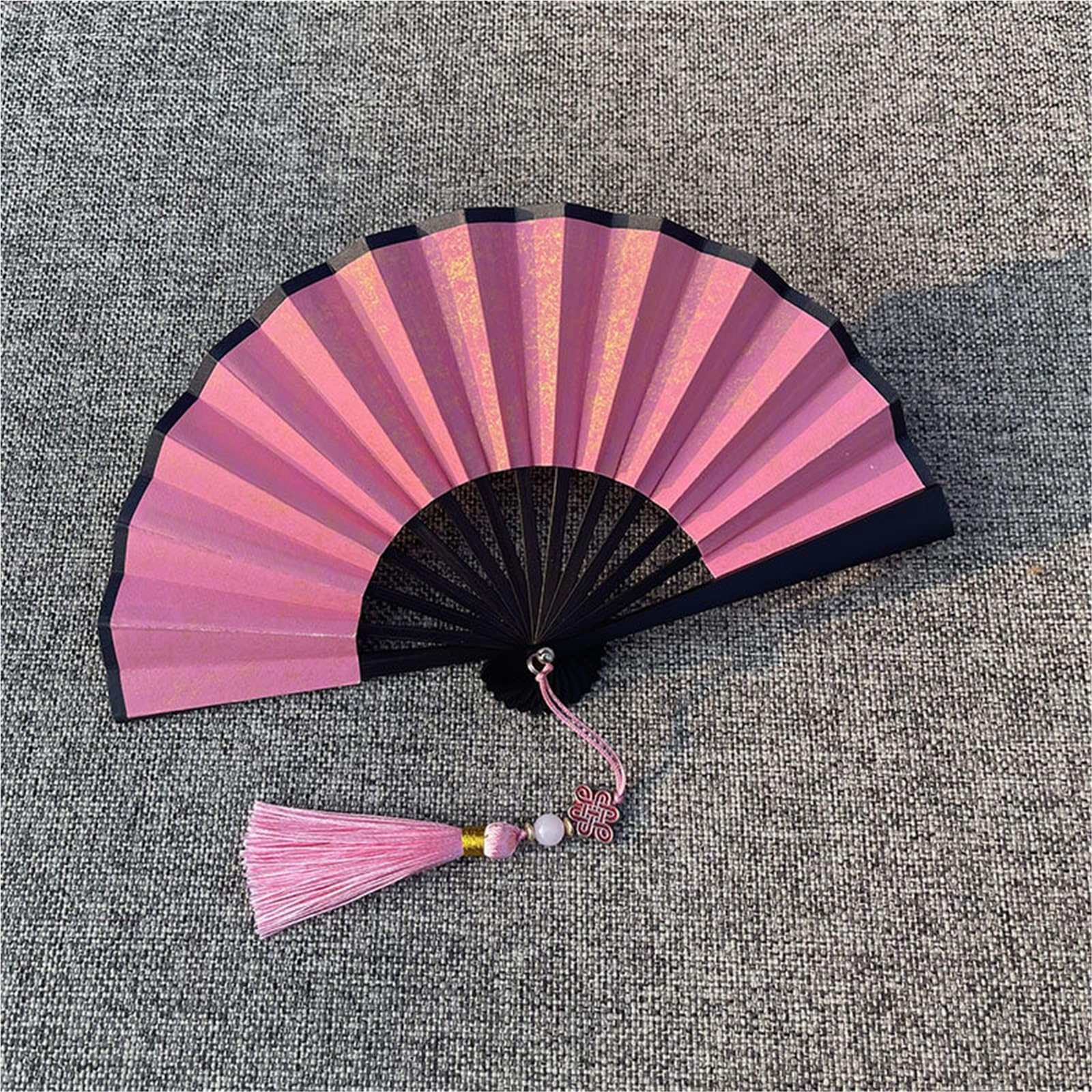 SXTYYH Mini Folding Hand Fan With Tassel, 4-6inch Classical Multicolor Gold Sprinkled Xuan Paper Handheld Fan for Women Foldable, Folding Fans for Line Dancing(5in,Pink)