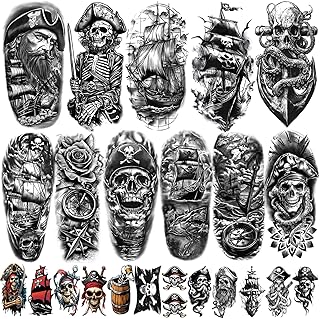 77 Sheets Pirate Tattoos Temporary Adult Men Kids Captain Pirate Ships F...