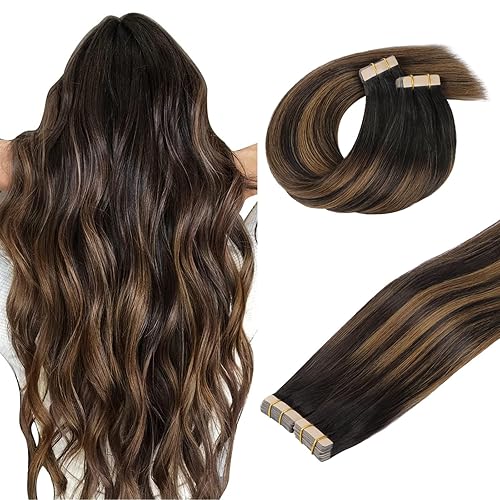 DOORES Extensiones de cabello humano con cinta adhesiva, balayage, color marrón oscuro a castaño, 3.53 onzas, 40 unidades, 18 pulgadas, extensiones