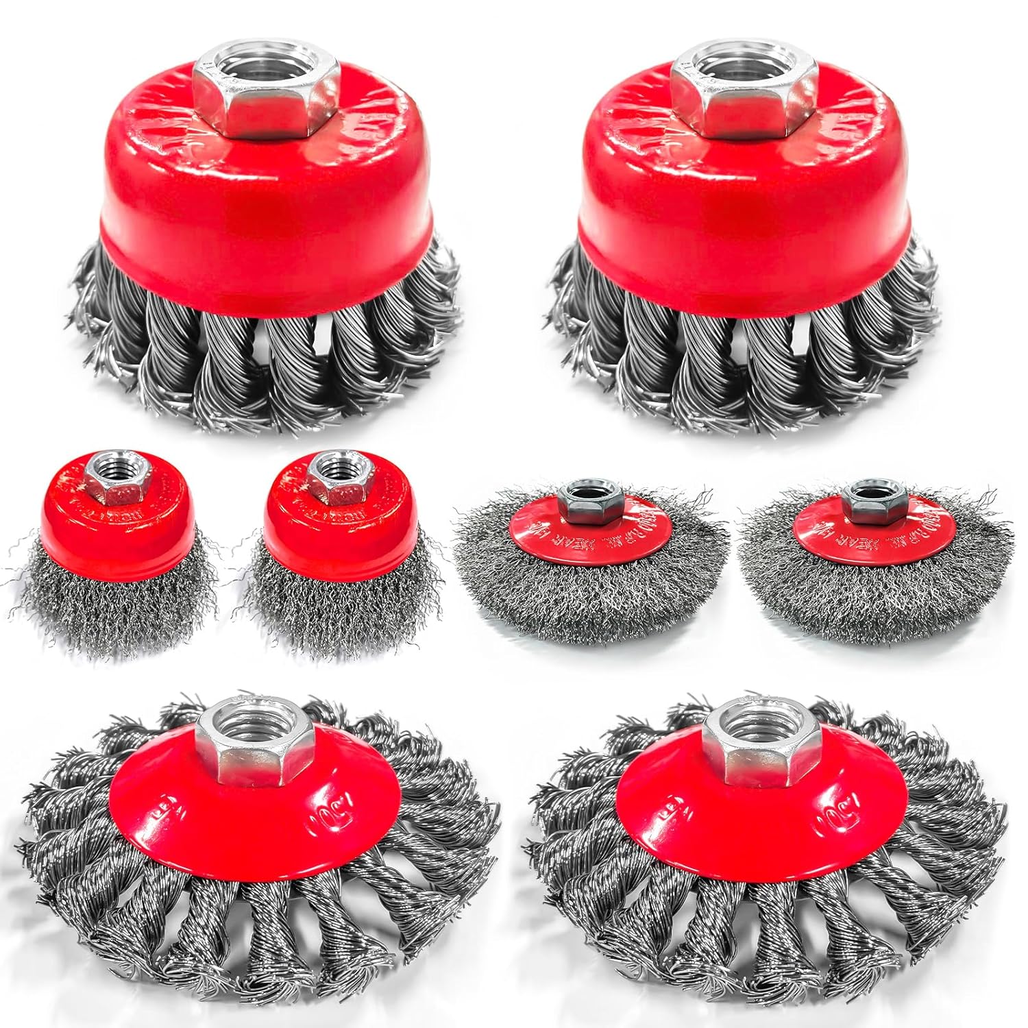 8pcs 4-1/2" Angle Grinder Wire Wheel Set - 4" & 3" Knotted Coarse Crimped Cup Brushes with 5/8-11 UNC Threaded Arbor for Rust, Paint, Corrosion Removal