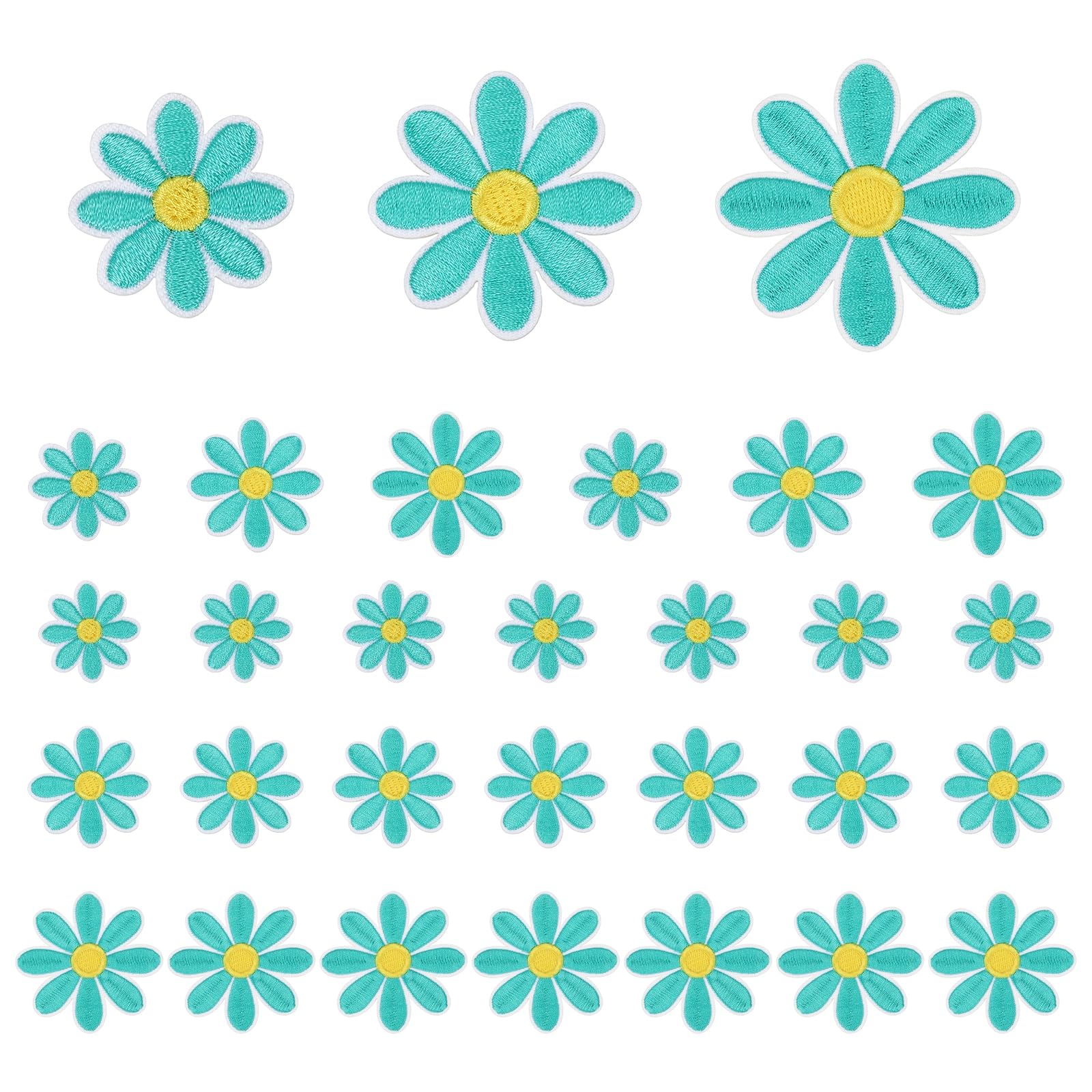 sourcing map 30Pcs Daisy Flower Iron-on Patches,6.5/4.5/3cm,Light Green