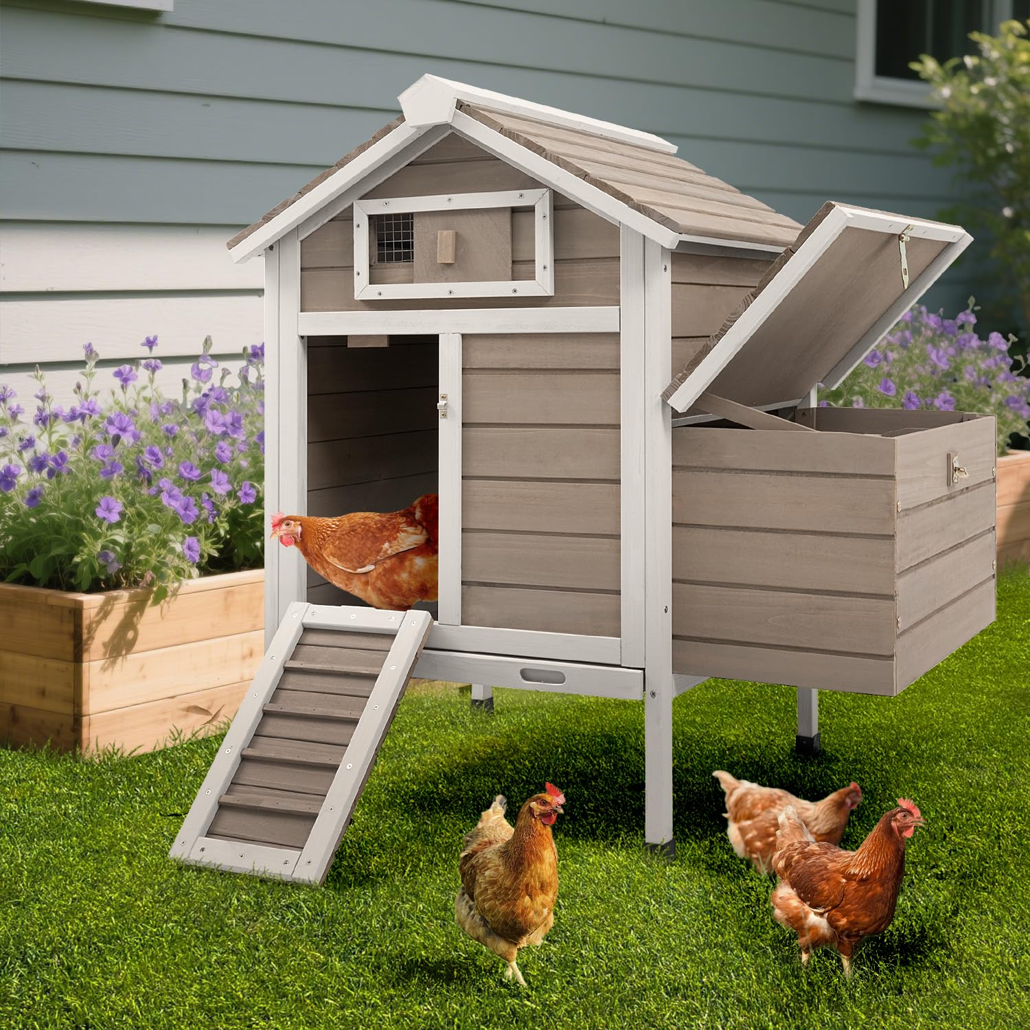 Magazoopet Chicken Coop Chicken House Outdoor with 2 Nesting Box, Wooden Hen Rabbit Pet House Hutch Poultry Cage with Removable Trays, Ramp (32" L x