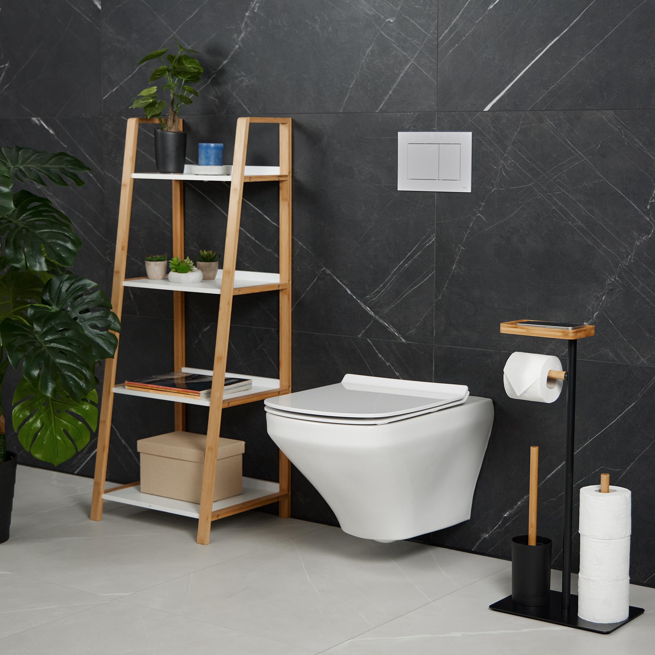 Relaxdays Serviteur WC, Bambou, Fer, Support Non Fixe, Brosse et Porte-Brosse, Noir - Nature