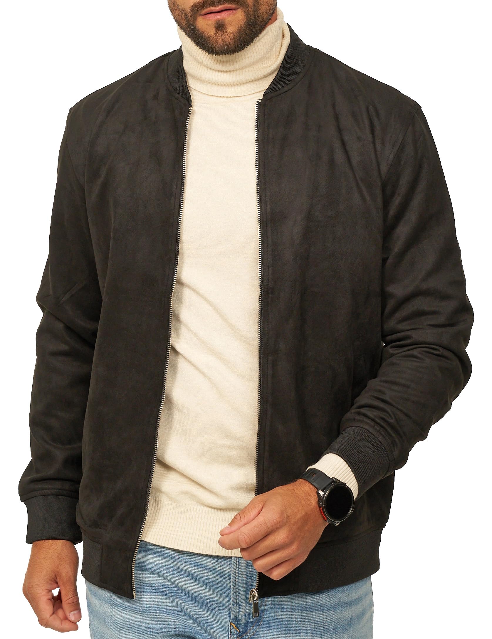behype. Herren Blouson-Jacke als Weiche Übergangsjacke - Dünne Bomberjacke mit Baseball Stehkragen in Leder-Optik für Männer - Men's Jacket