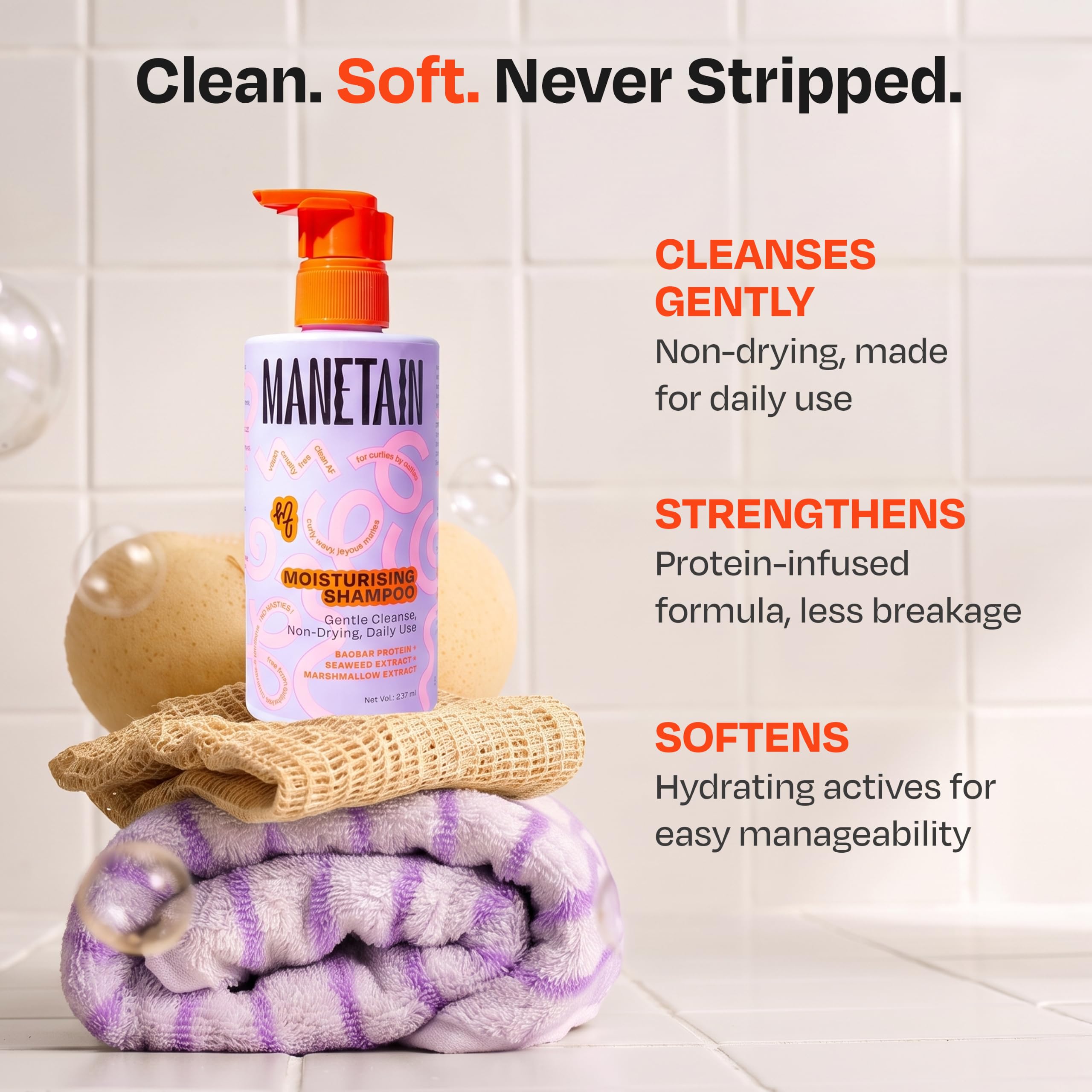 MANETAIN Moisturising Shampoo 237ml for Curly, Dry & Frizzy Hair | Sulphate & Paraben Free | Hydrates & Strengthens with Baobab Protein, Seaweed & Marshmallow Extract | CG-Friendly, Gentle Cleanser for Soft, Defined Curls product image 3