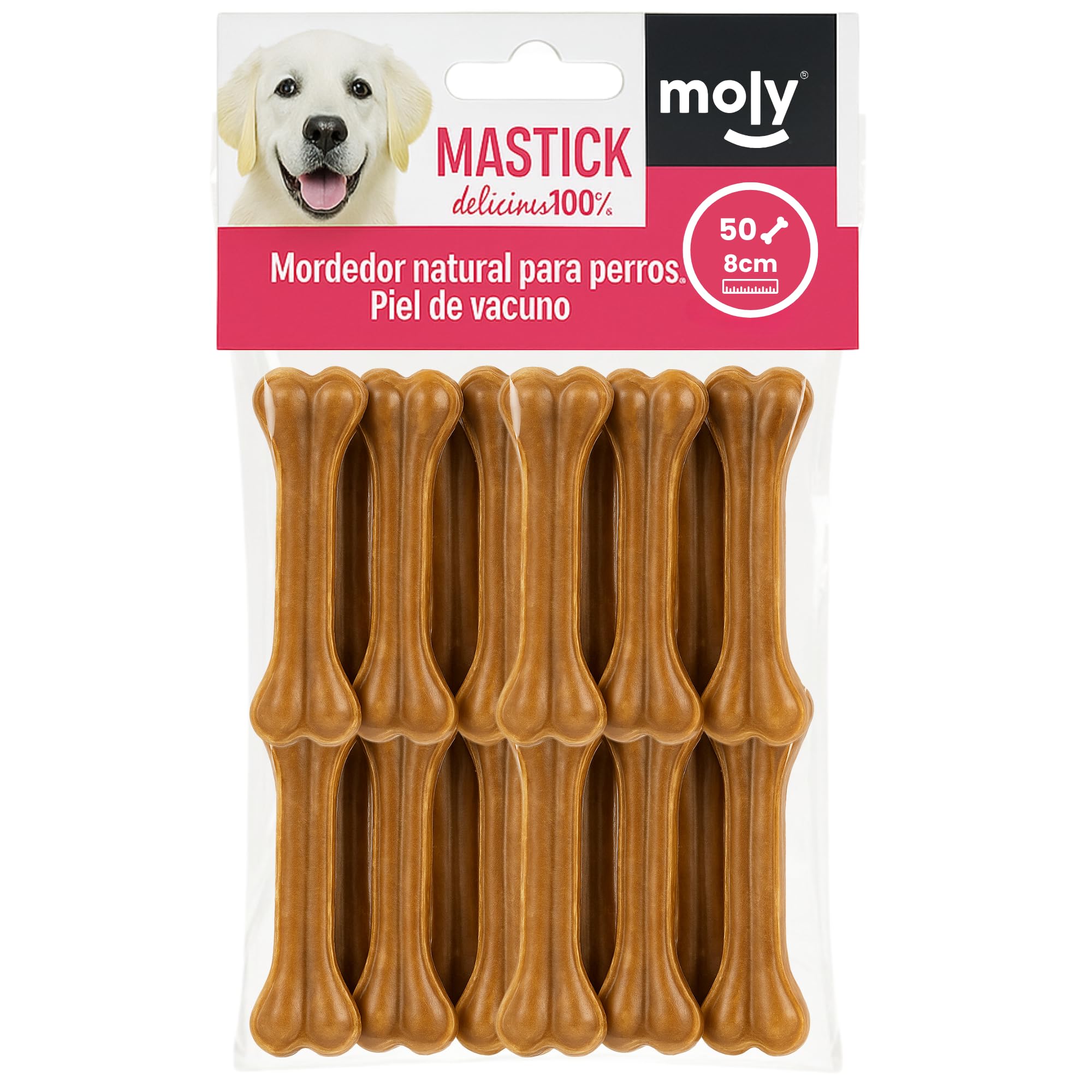 MOLY Pack 50 Huesos Prensados para Perros 8 cm | Snack Natural para Cachorros y Razas Pequeñas | Refuerza Salud Dental y Encías | Bajo en Grasa | Ocupación Prolongada y Segura