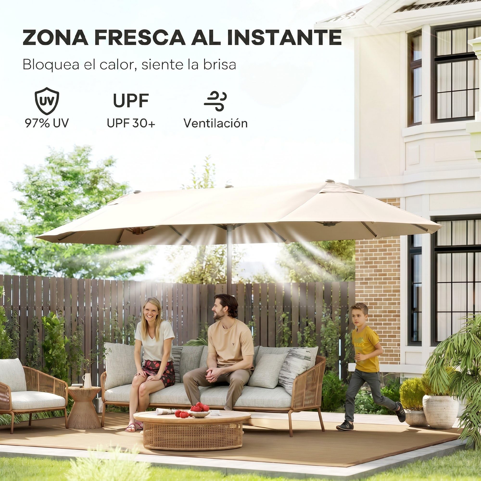 Outsunny Sombrilla Parasol Doble para Jardín 4,55x2,65x2,38 m Sombrilla Gigante Anti UV con Manivela para Exterior Patio Terraza Piscina Color Beige
