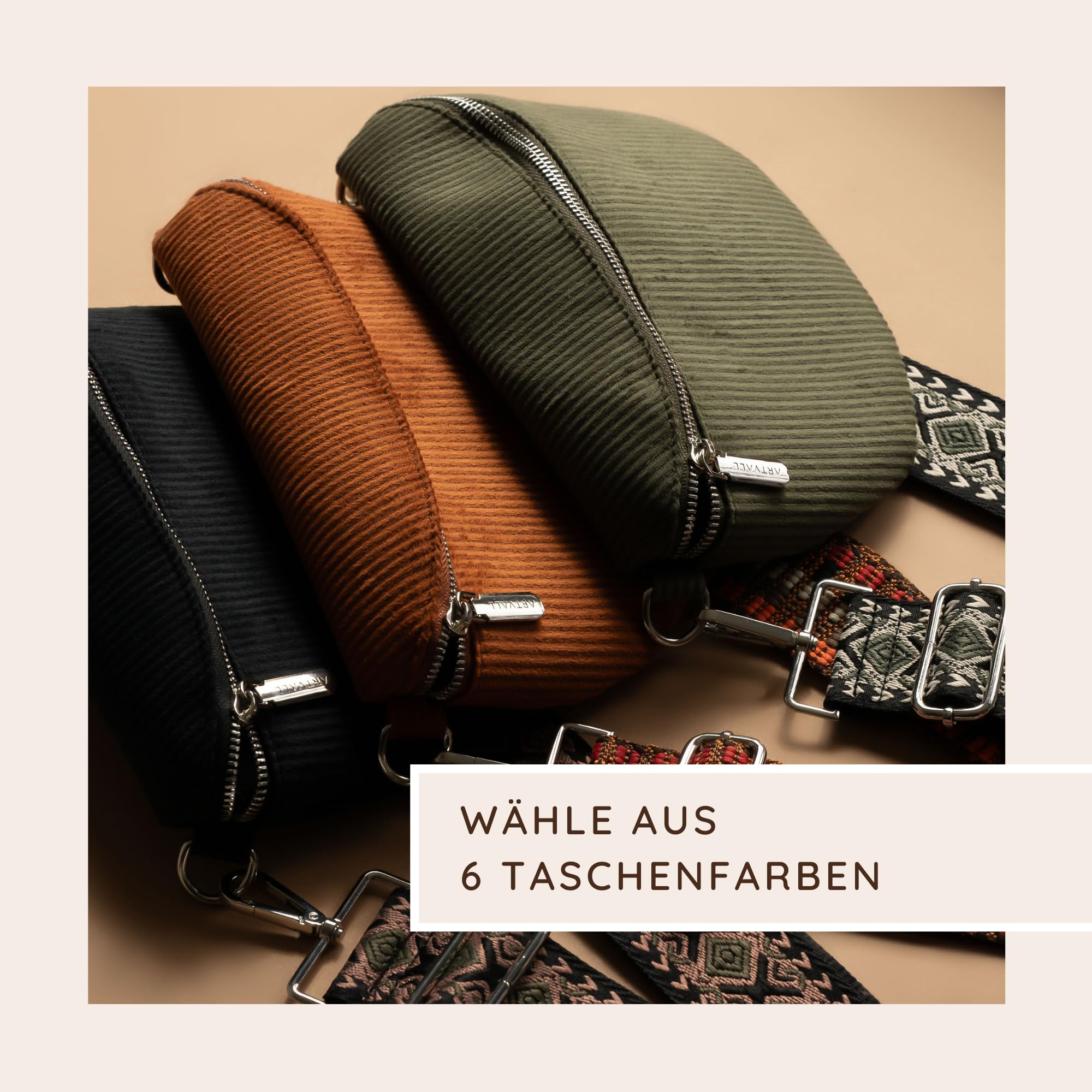 Umhängetasche Cord Tasche Handtasche weiche Cordtasche Bauchtasche Klein mit Schultergurt Design Taschenband abnehmbar verstellbares Riemen Crossbody Bag Hüfttasche Damen mit Reißverschluss