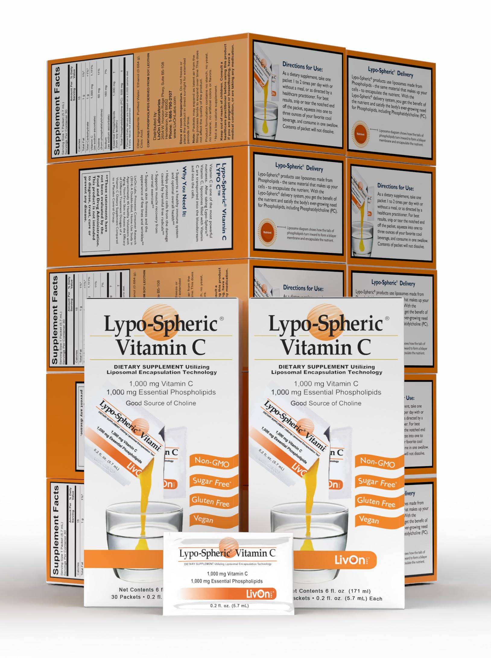 Lypo–Spheric Vitamin C – 1,000 mg Vitamin C & 1,000 mg Essential Phospholipids Per Packet – Liposome Encapsulated for Improved Absorption – Non–GMO - 12 Pack (360 Count)