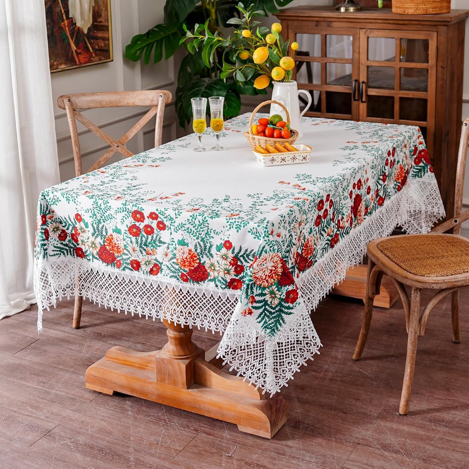 SUTAVIA White Tablecloth Exquisite Embroidery Lace Tablecloths Elegant Rectangular Table Cloth Reusable Washable Table Cover for Home Holiday Wedding Party (Floral Leaf, Rectangle, 60"x84")