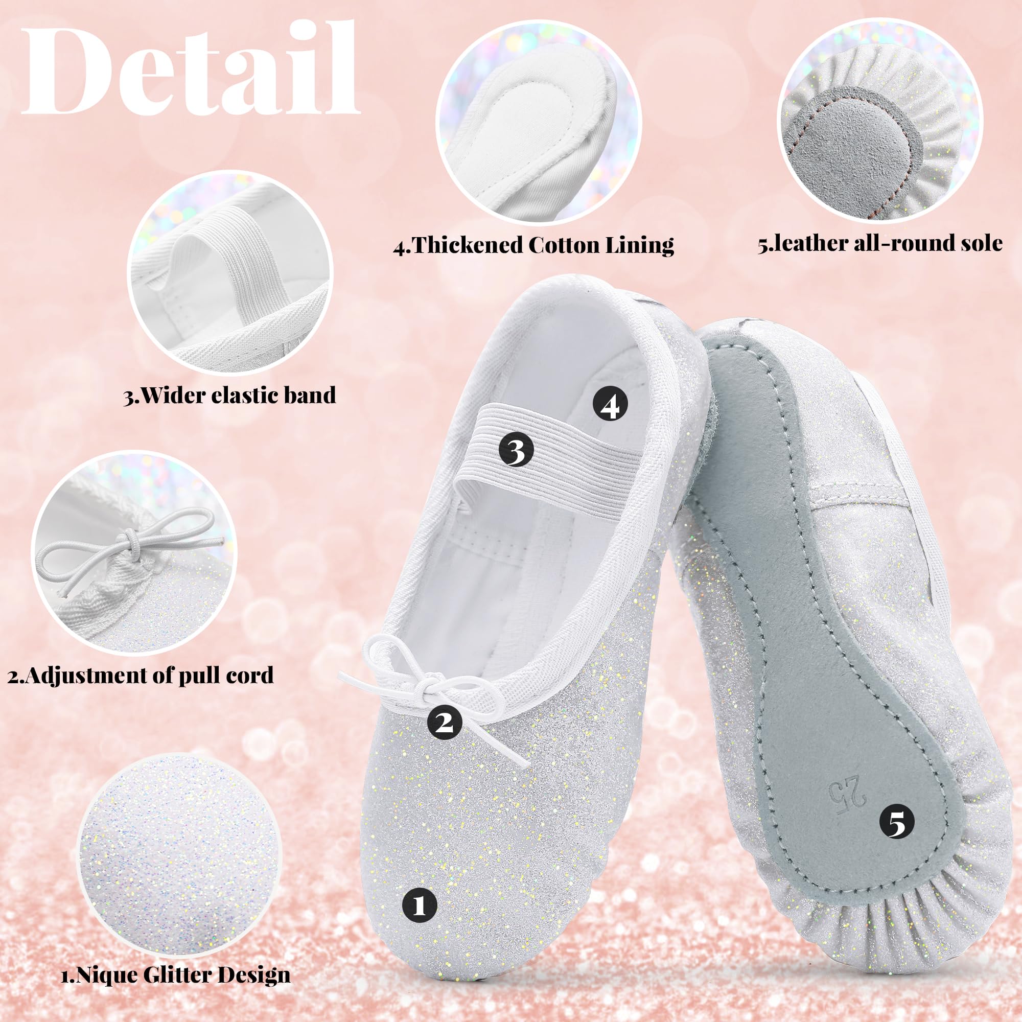 Zapatos de ballet para niñas con purpurina, piel y suela completa