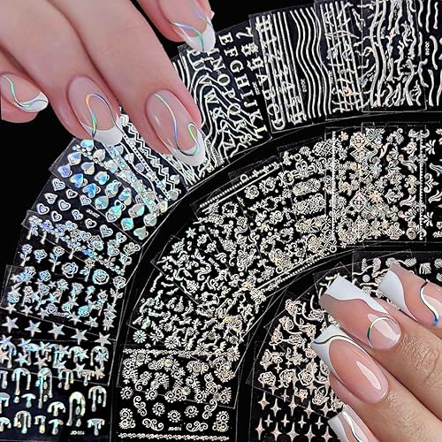 Miniatura 22 de NOODCO 5 hojas de calcomanías de uñas 5D con diseño de bronceado, calcomanías en relieve de cola de pescado y concha, autoadhesivas, con diseño de