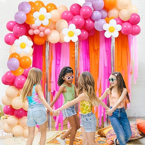 Miniatura 8 de Telón de fondo con flecos de arco de globos de color rosa y naranja, kit de arco de guirnalda de globos de margarita, serpentinas geniales para