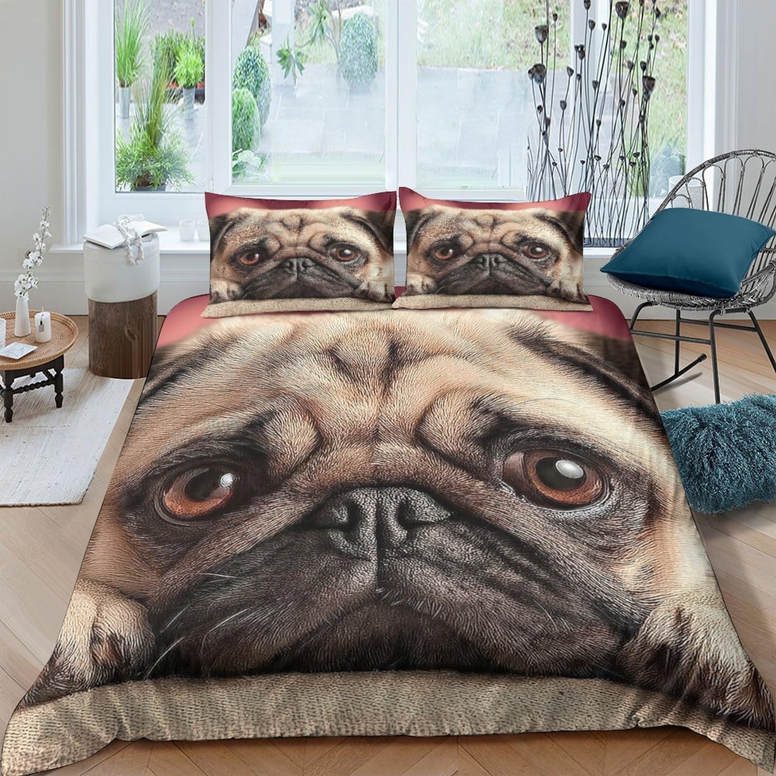 GPLZQXKJNH 3D Printed Pug Face Duvet Cover Microfiber Soft Breathable Dog Animal Bedding Set with 2 Pillowcases for Bedroom Decor, Single（135x200cm）