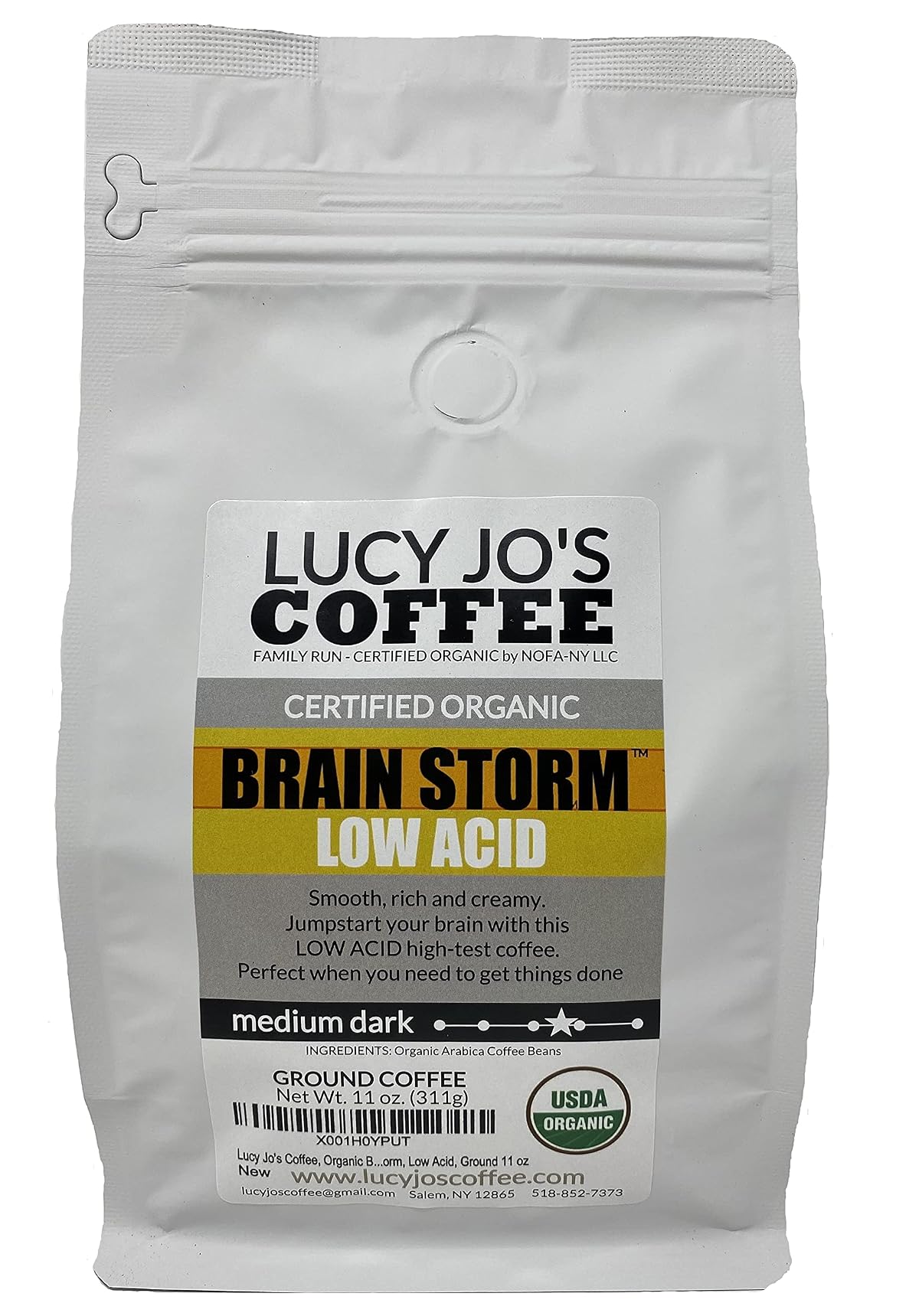 Lucy Jos Coffee Organic Brainstorm Ground Coffee, 11 oz, Silver