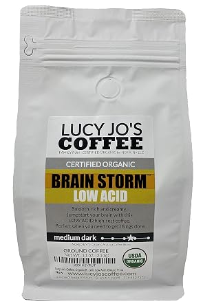 Lucy Jos Coffee, Organic Brainstorm, Medium Dark Roast, Low Acid, Ground 11 oz