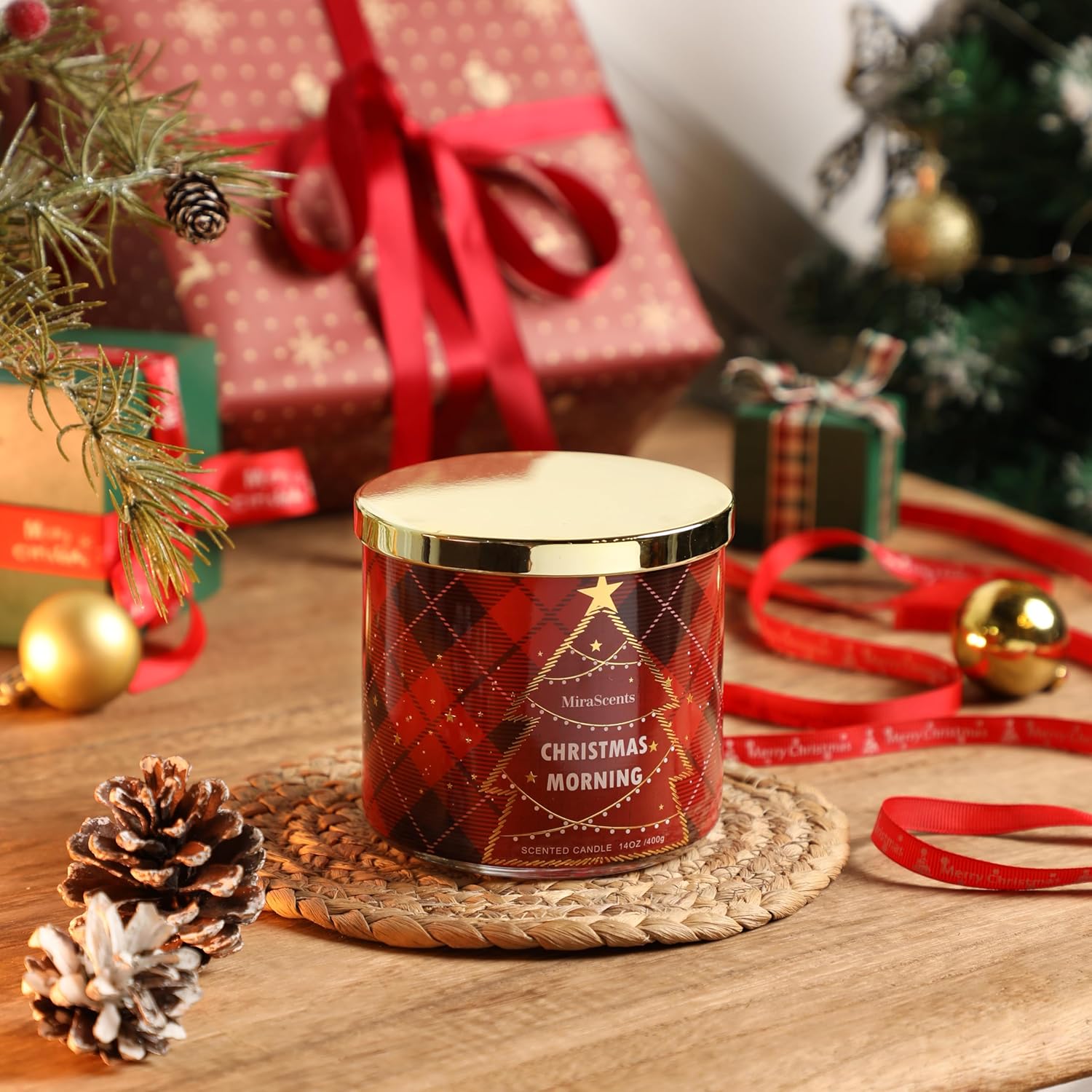 Christmas Scented Candle, MiraScents Christmas Morning Scented Candle, 3 Wicks Large Candle Natural Soy Wax Candles, Red Xmas Tree Candles Gifts, 14oz - Image 2