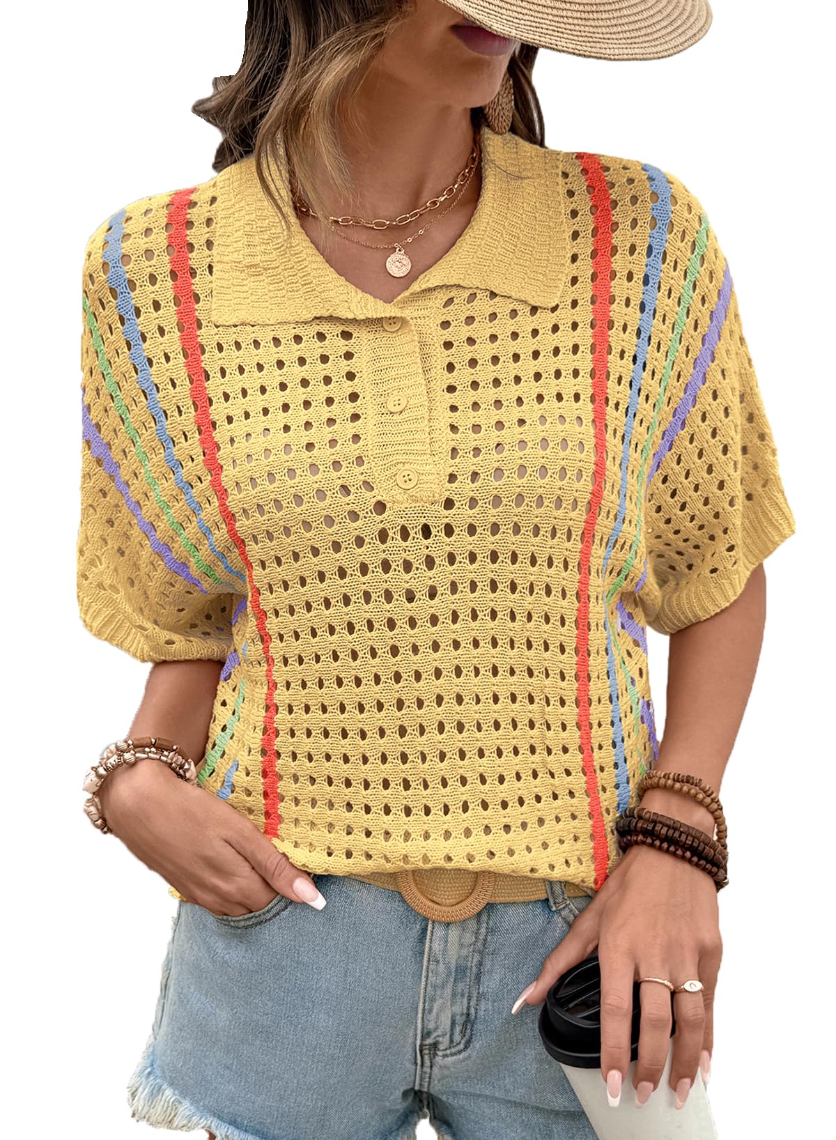 Dokotoo Summer Sweaters for Women 2026 Casual Button Up Polo Collar Short Sleeve Striped Boho Tops Crochet Knit