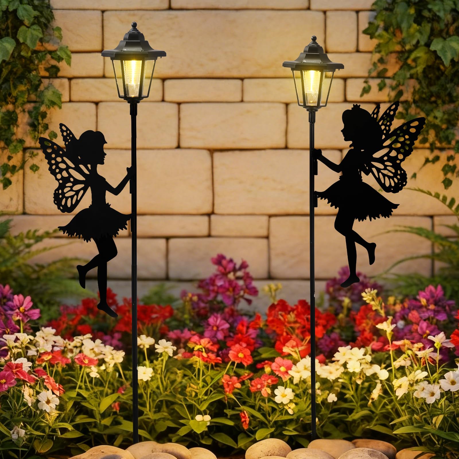 ZKLiLi 2pcs Fairy Solar Garden Light,Outdoor Garden Fairy Decor Waterproof Large Hanging Lantern Lights Decorations for Patio Yard Porch Lawn Pathway Statues Outdoor Decor Gifts（Warm Light）