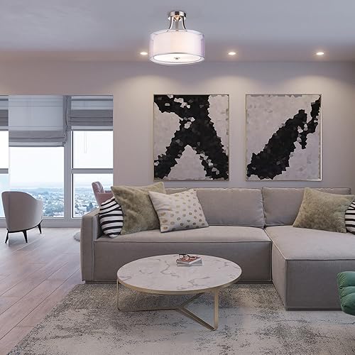 Miniatura 3 de Edvivi Lámpara de techo semiempotrada de níquel cepillado de 3 luces, pantalla de tela de doble tambor, modernas lámparas de techo para sala de