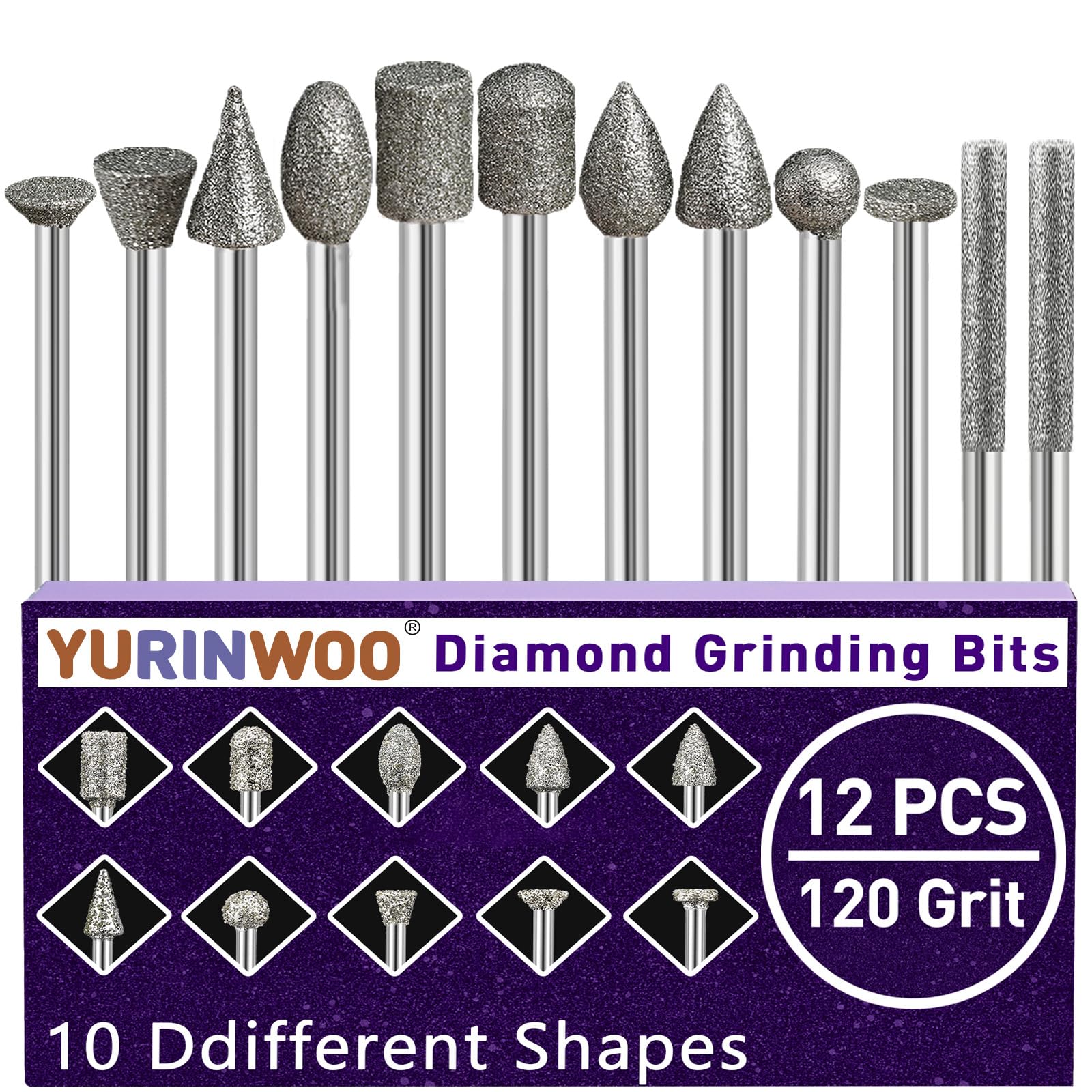 12 pezzi Set di frese diamantate, granulometria 120, frese diamantate per smerigliare, compatibili con utensile rotativo Dremel con codolo da 1/8", adatti per intaglio, levigatura, lucidatura
