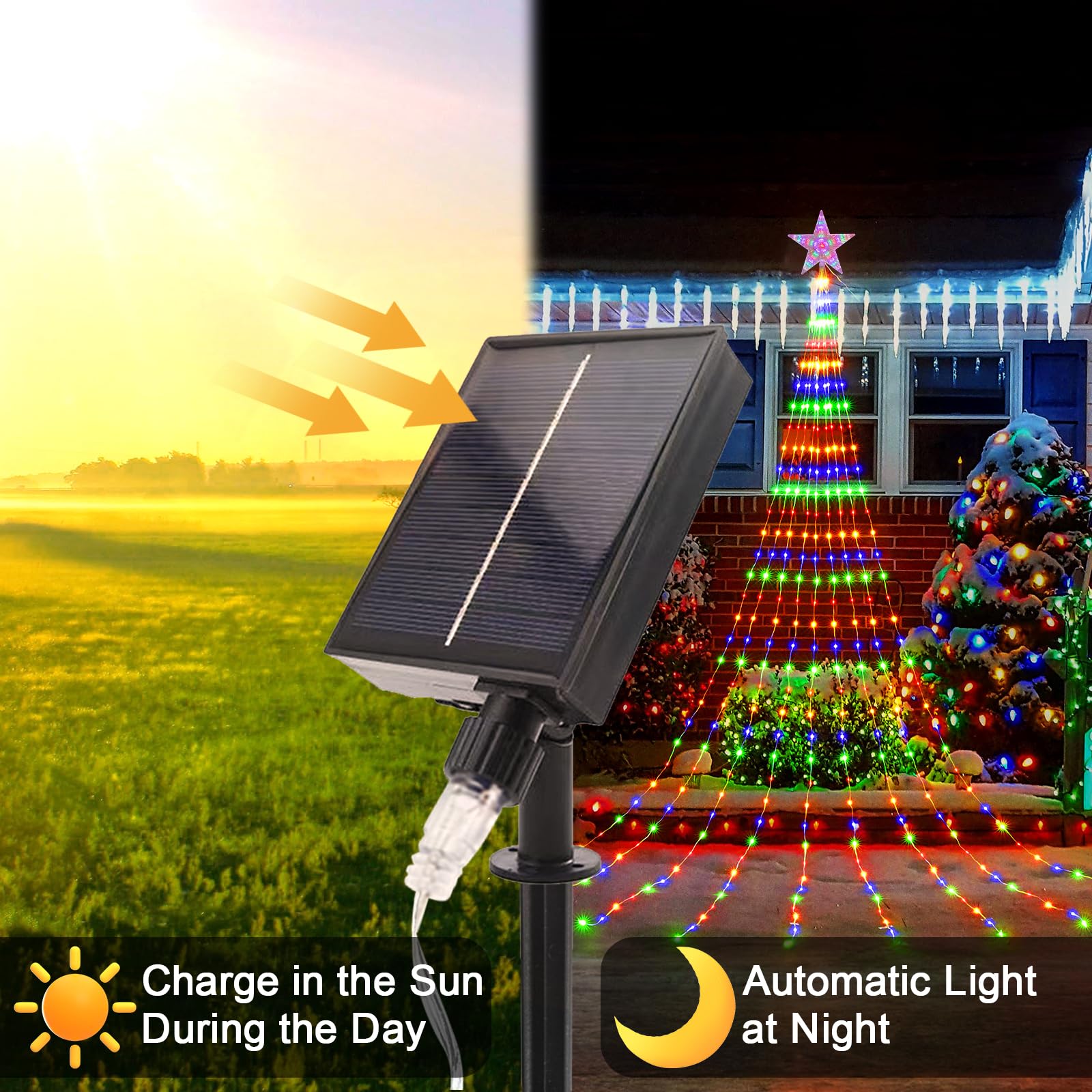 Solarny łańcuch świetlny z wodospadem, 2 m, 9 żył, lampki świąteczne z gwiazdą, 198 diod LED, łańcuch świetlny, 8 trybów, wodoodporne światła wodospadowe, z pilotem, do ogrodu, dekoracja