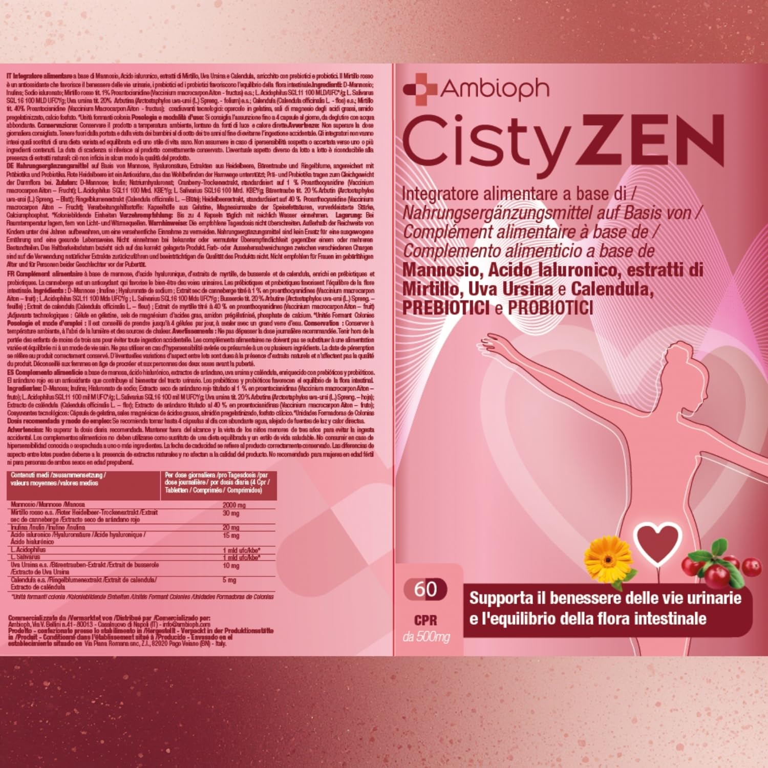 Cistyzen, D-mannosio e Mirtillo Rosso, per Cistite e infezioni delle vie urinarie - 60 capsule con Probiotici e prebiotici, Integratore naturale, soluzione ideale per la Vaginosi Batterica e Cistite